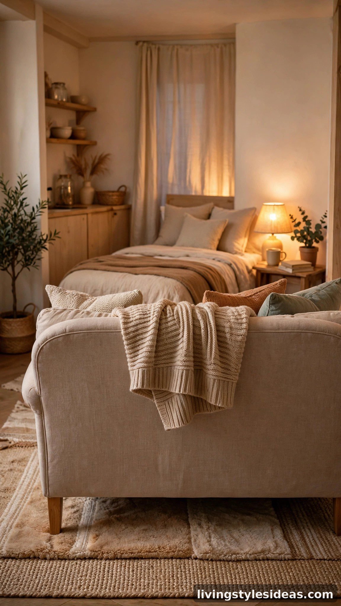 Cozy small studio apartment with a loveseat floated as a room divider over a layered rug, separating the living area from the bed zone