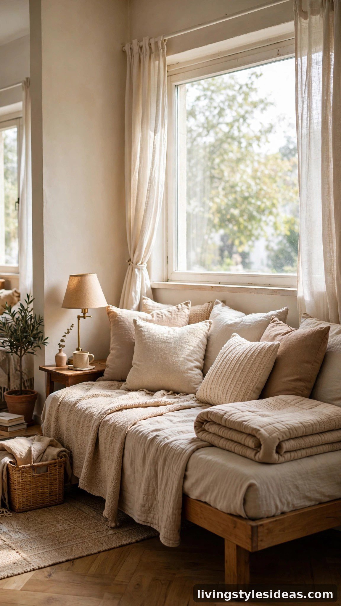 Daybed styled with throw pillows and a folded quilt in a cozy studio apartment, working as a sofa by day and bed by night