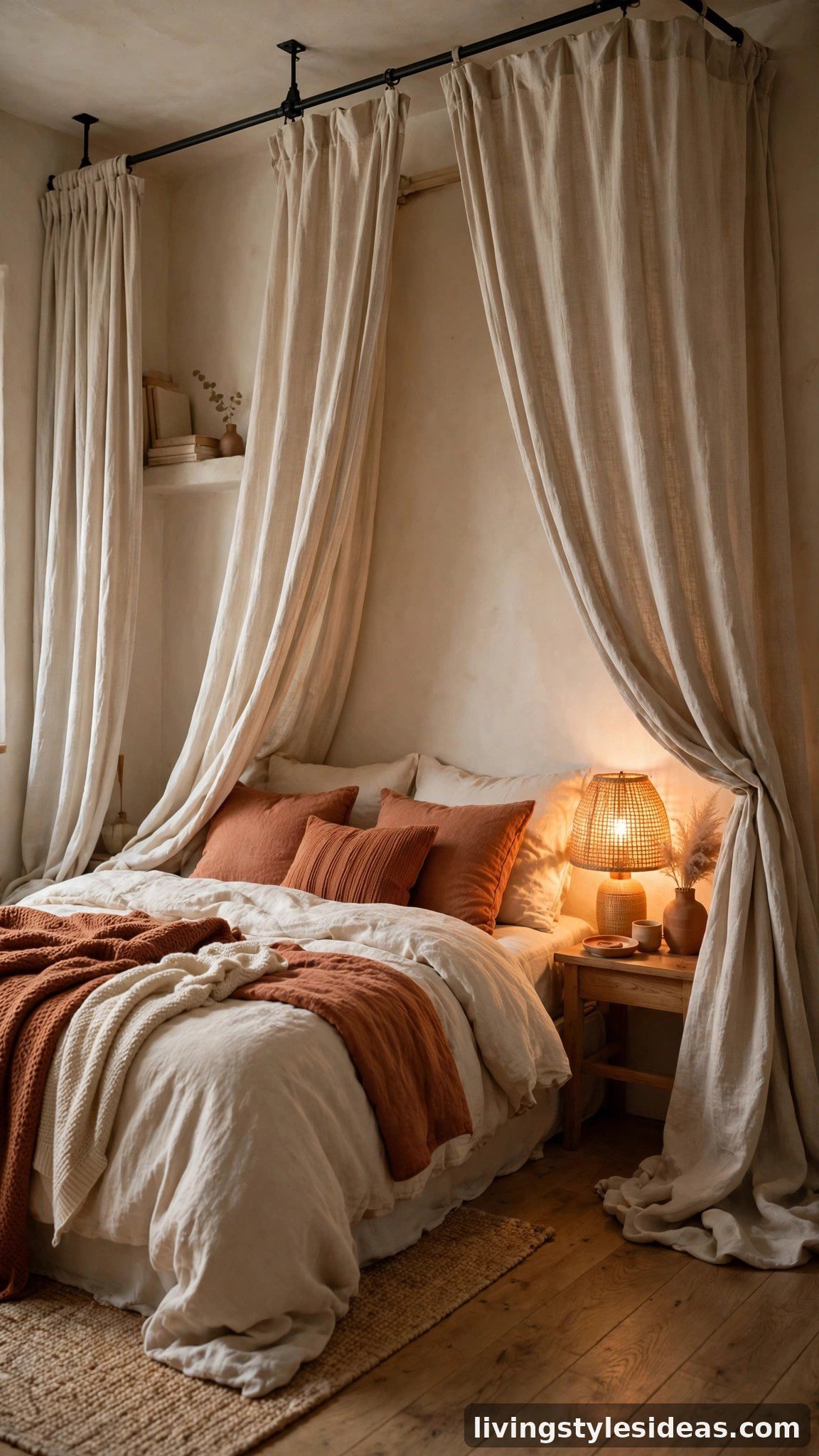 Cozy bed nook in a studio apartment framed by floor-to-ceiling linen curtains on a ceiling track with warm bedside lighting