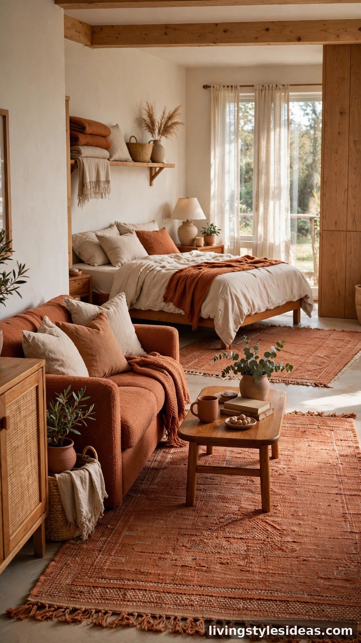 Two textured area rugs zoning the living and sleeping areas of a cozy open-plan studio apartment with warm wood furniture