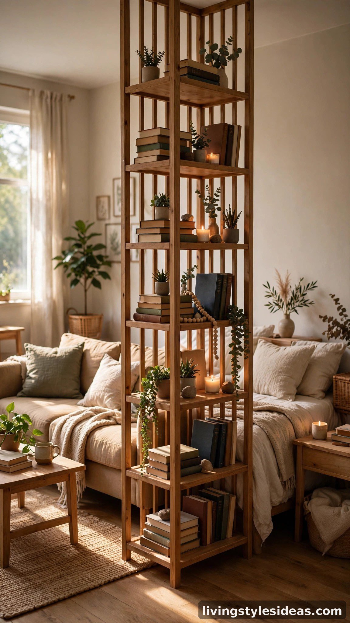 Open wooden bookshelf standing perpendicular as a room divider between the living and sleeping areas of a cozy studio