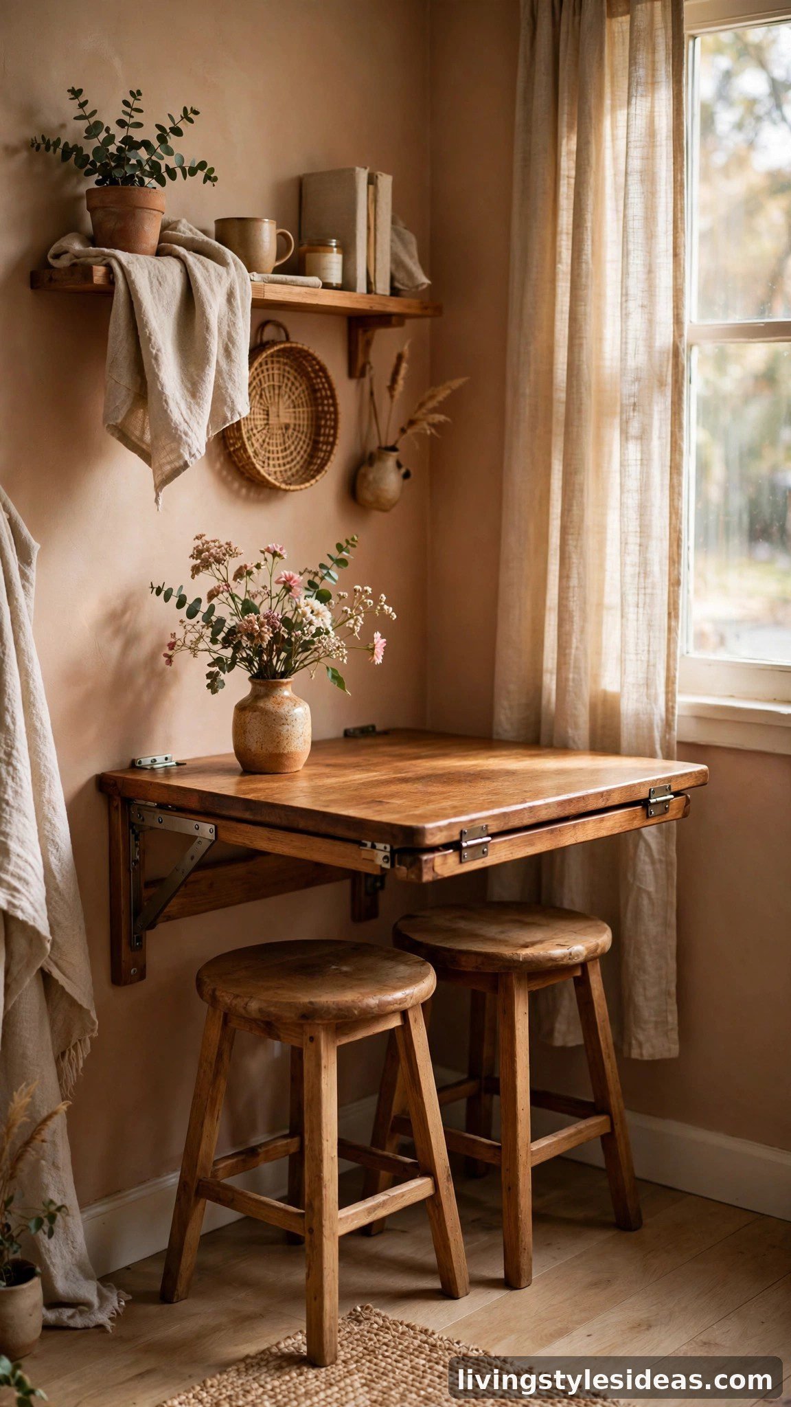 Wall-mounted fold-down table with two stools tucked beneath it in a small cozy studio apartment dining corner
