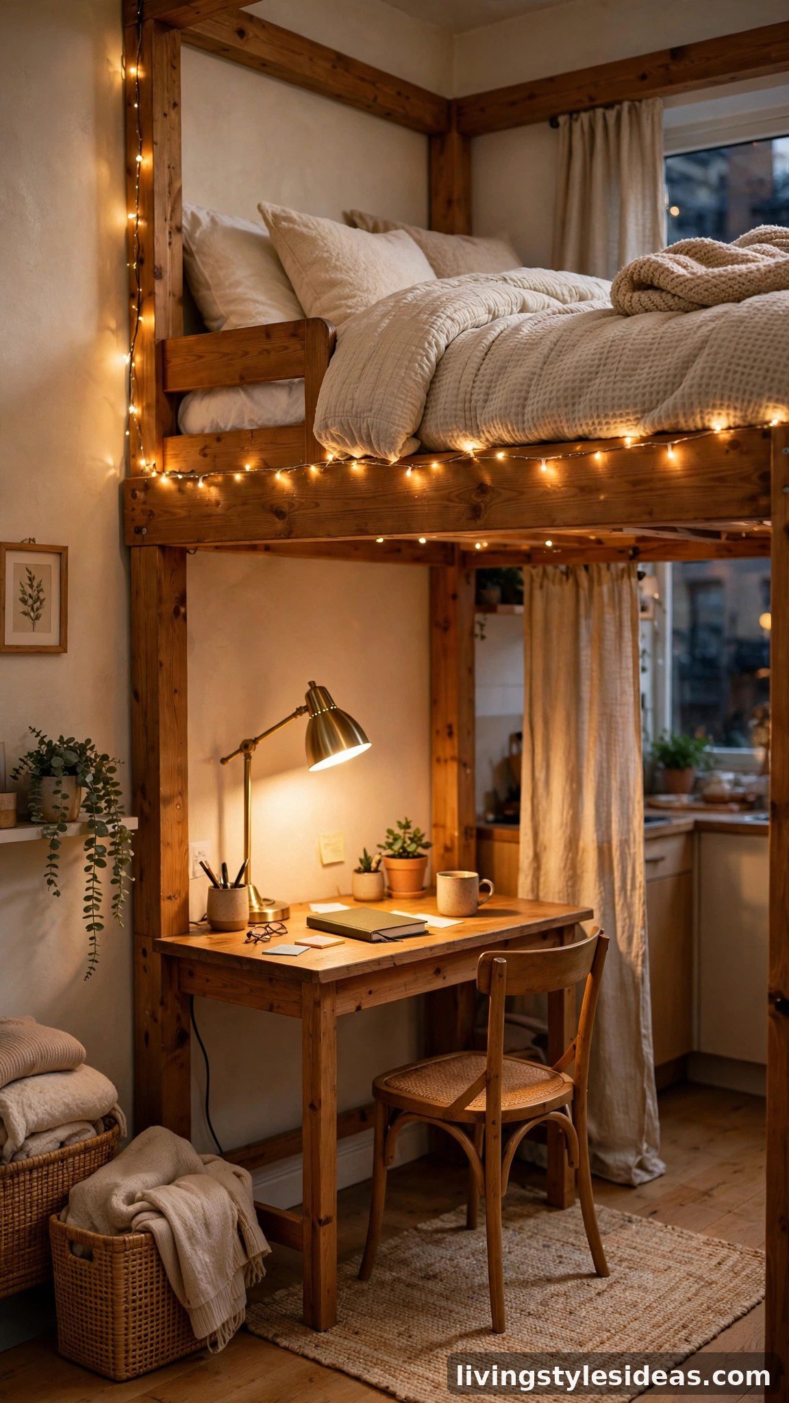 Loft bed with a cozy desk nook and warm task lighting underneath in a small studio apartment