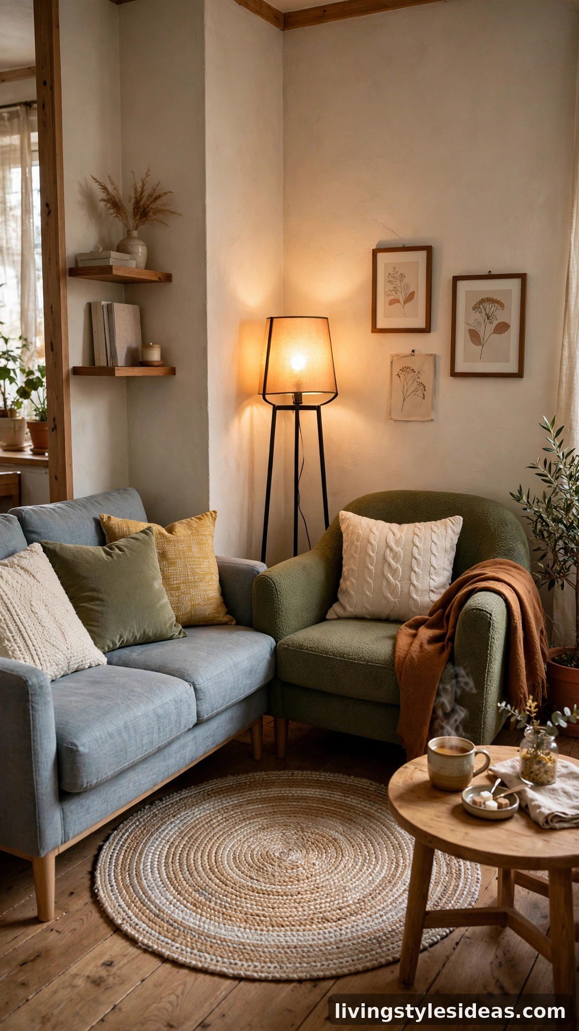 L-shaped corner conversation nook with a loveseat, armchair and round side table in a cozy studio apartment