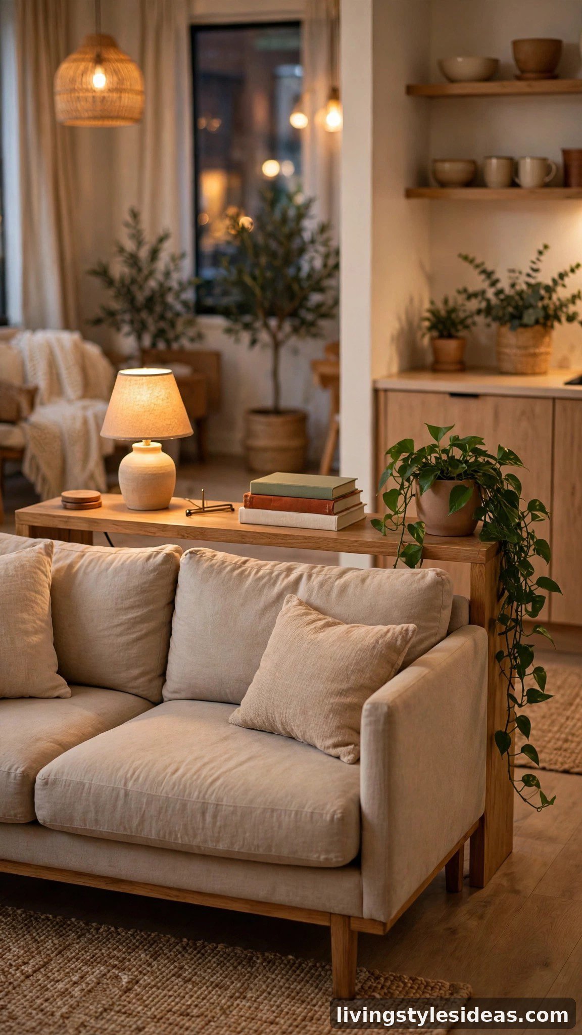 Slim console table placed behind a sofa acting as a room divider with a lamp and decor in a cozy studio apartment