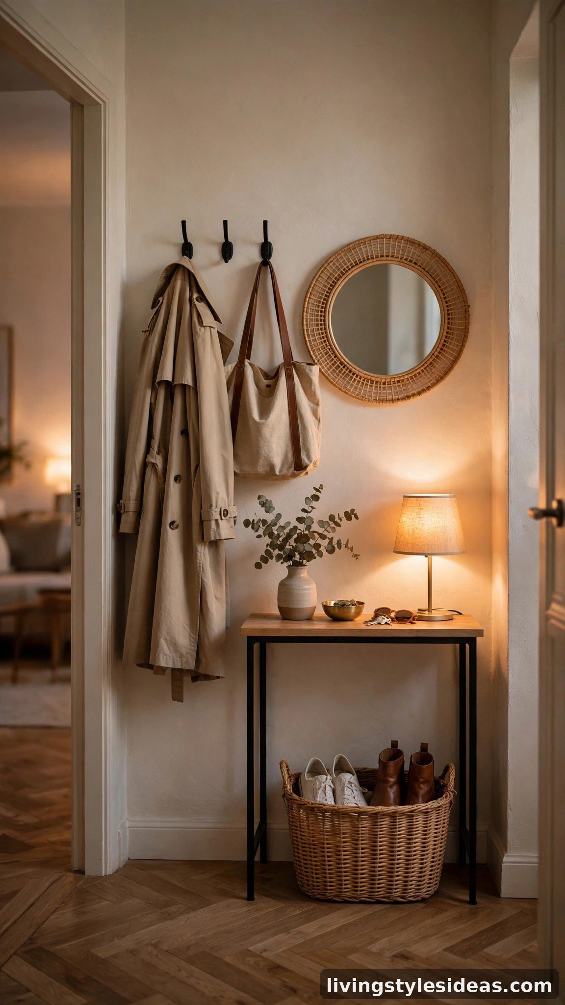 Entryway mini mudroom in a studio apartment with a slim console, wall hooks, round mirror and a woven basket