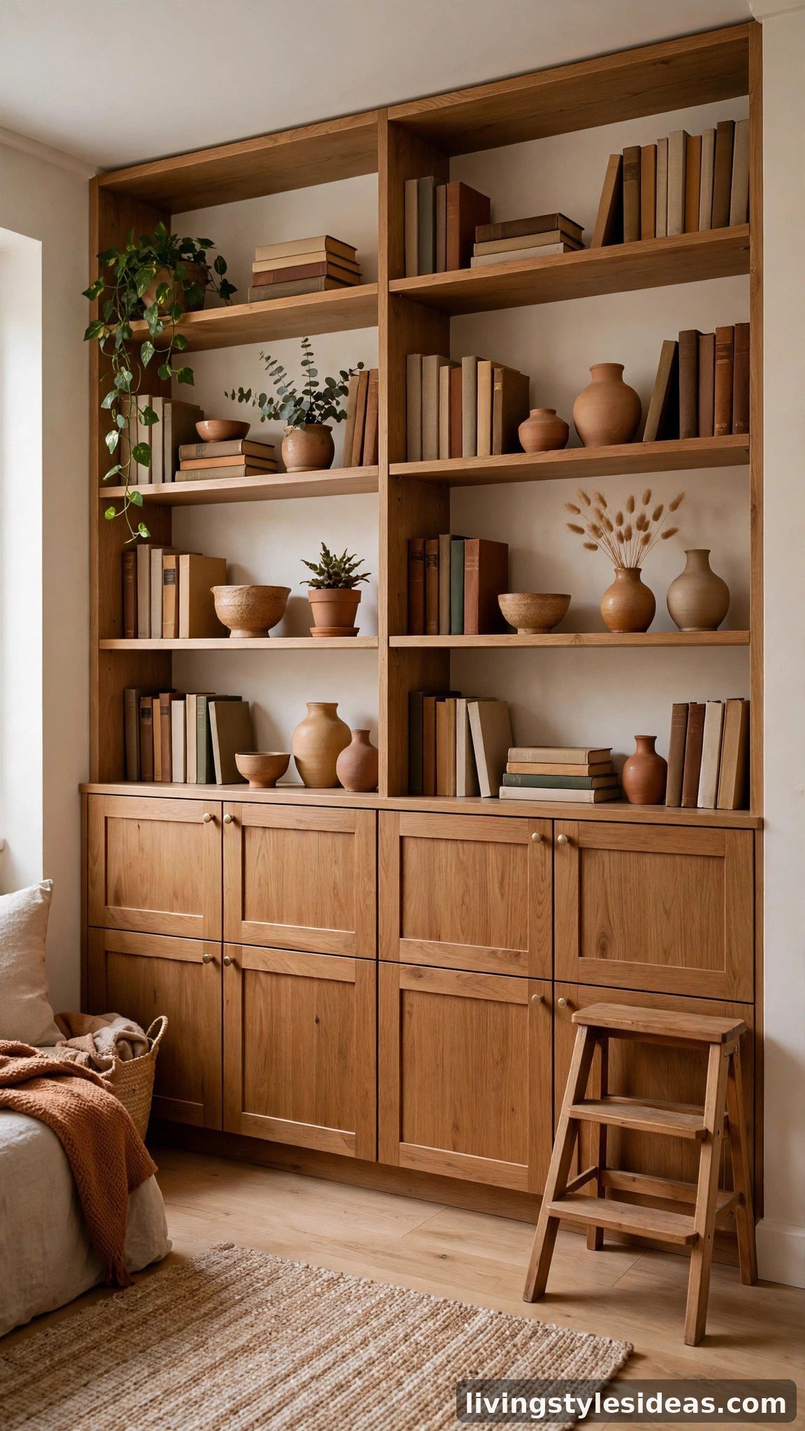 Floor-to-ceiling vertical storage wall with closed cabinets and open shelves in a cozy small studio apartment