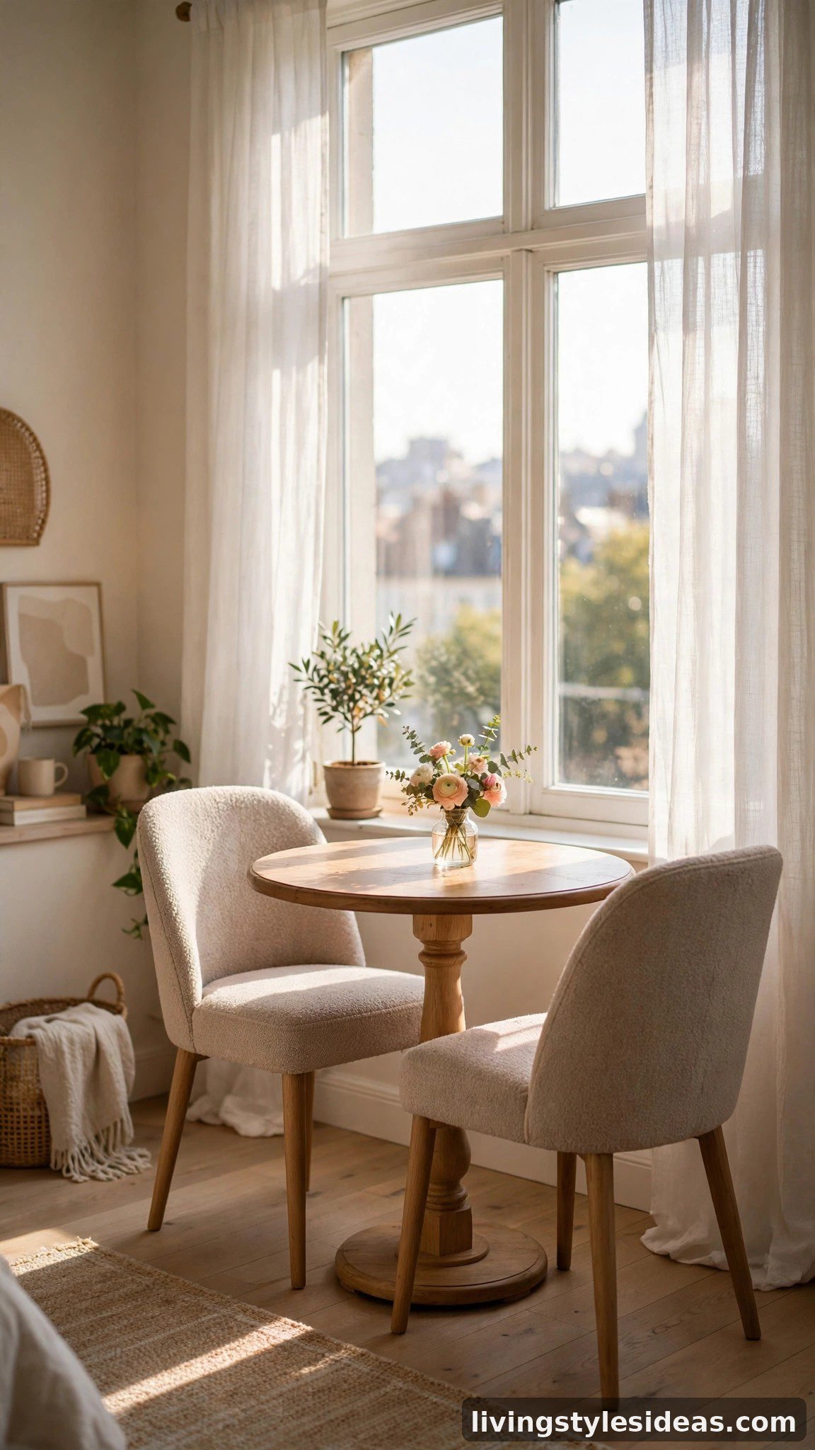 Small round pedestal dining table with two upholstered chairs by a bright window in a cozy studio apartment