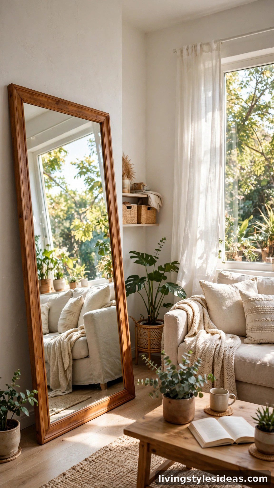Large leaning floor mirror opposite a window reflecting light and visually doubling a cozy studio living area