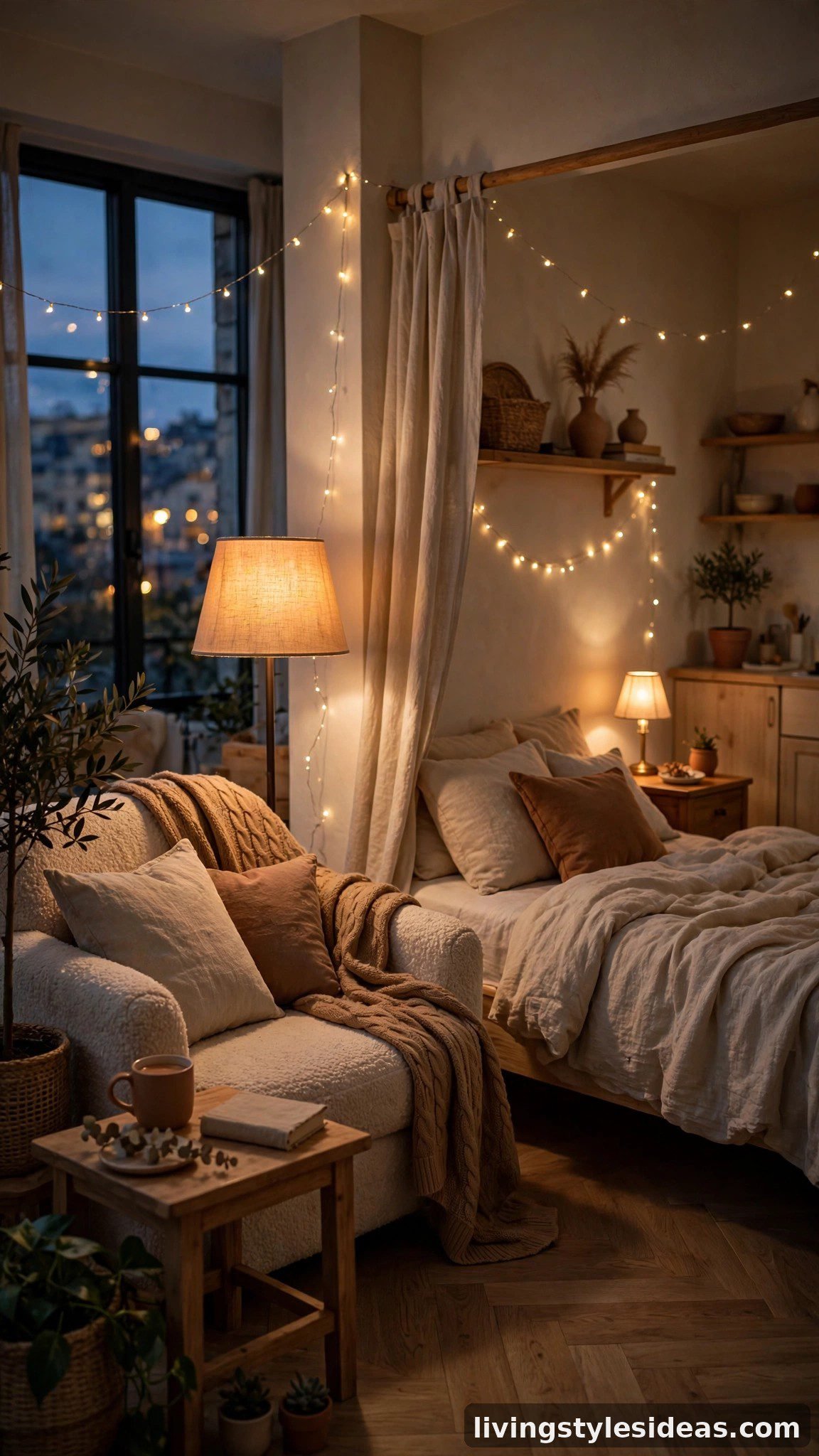 Cozy studio apartment at dusk with layered warm lighting from a floor lamp, table lamp and string lights
