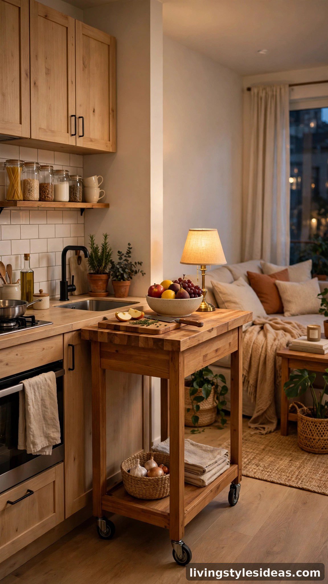 Rolling wooden kitchen cart used as a slim island divider between the kitchen and living area in a studio apartment