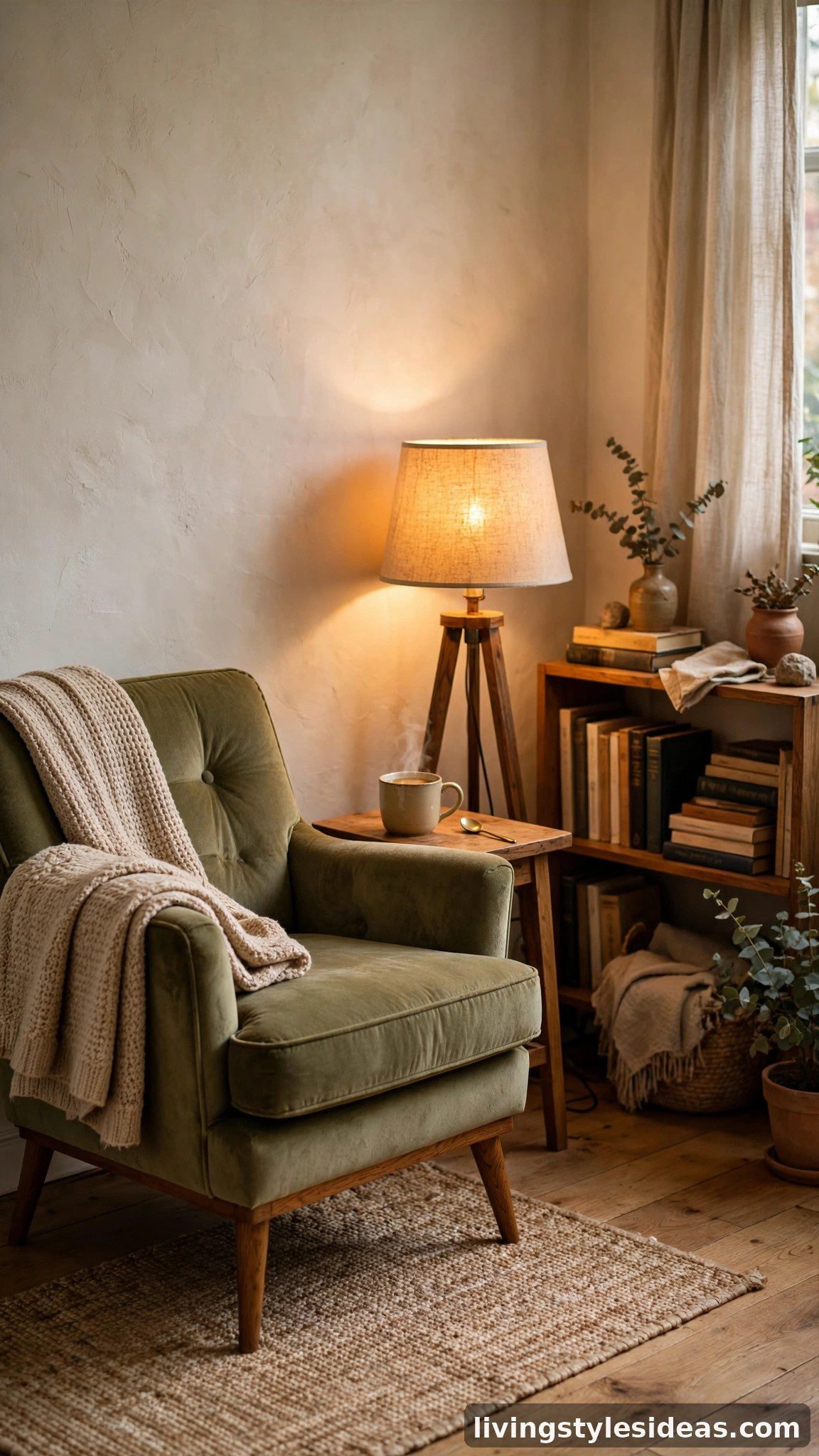 Cozy reading corner in a studio apartment with an accent armchair, floor lamp, side table and a soft throw