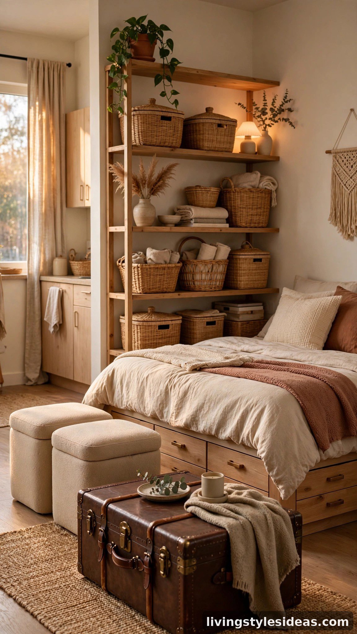 Storage ottomans and under-bed drawers keeping a cozy studio apartment clutter-free and calm