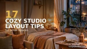 Cozy warmly lit studio apartment interior with defined zones for living, sleeping and dining in one small space
