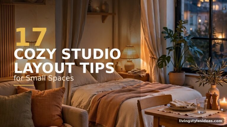 Cozy warmly lit studio apartment interior with defined zones for living, sleeping and dining in one small space