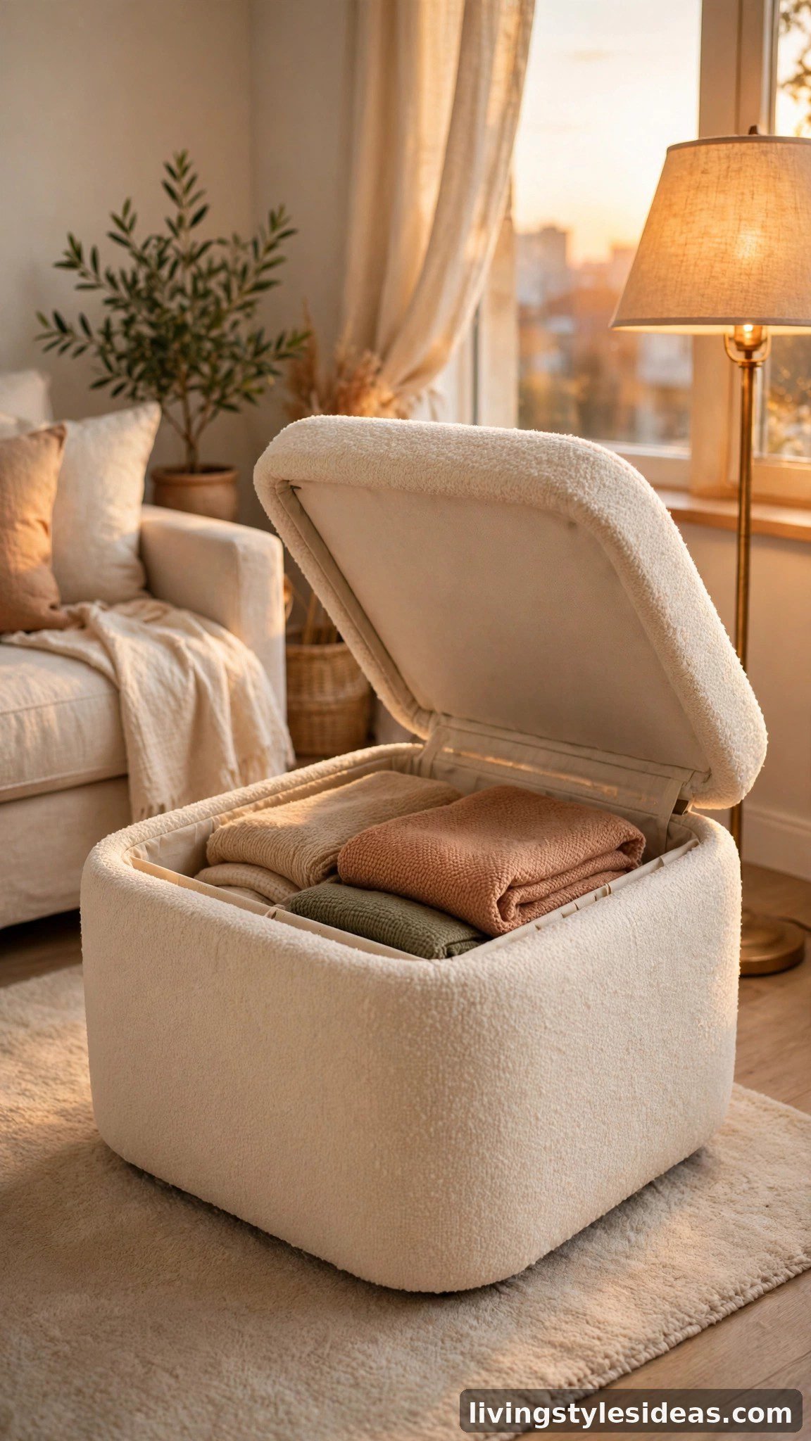 Plush boucle storage ottoman in a cozy studio apartment living area