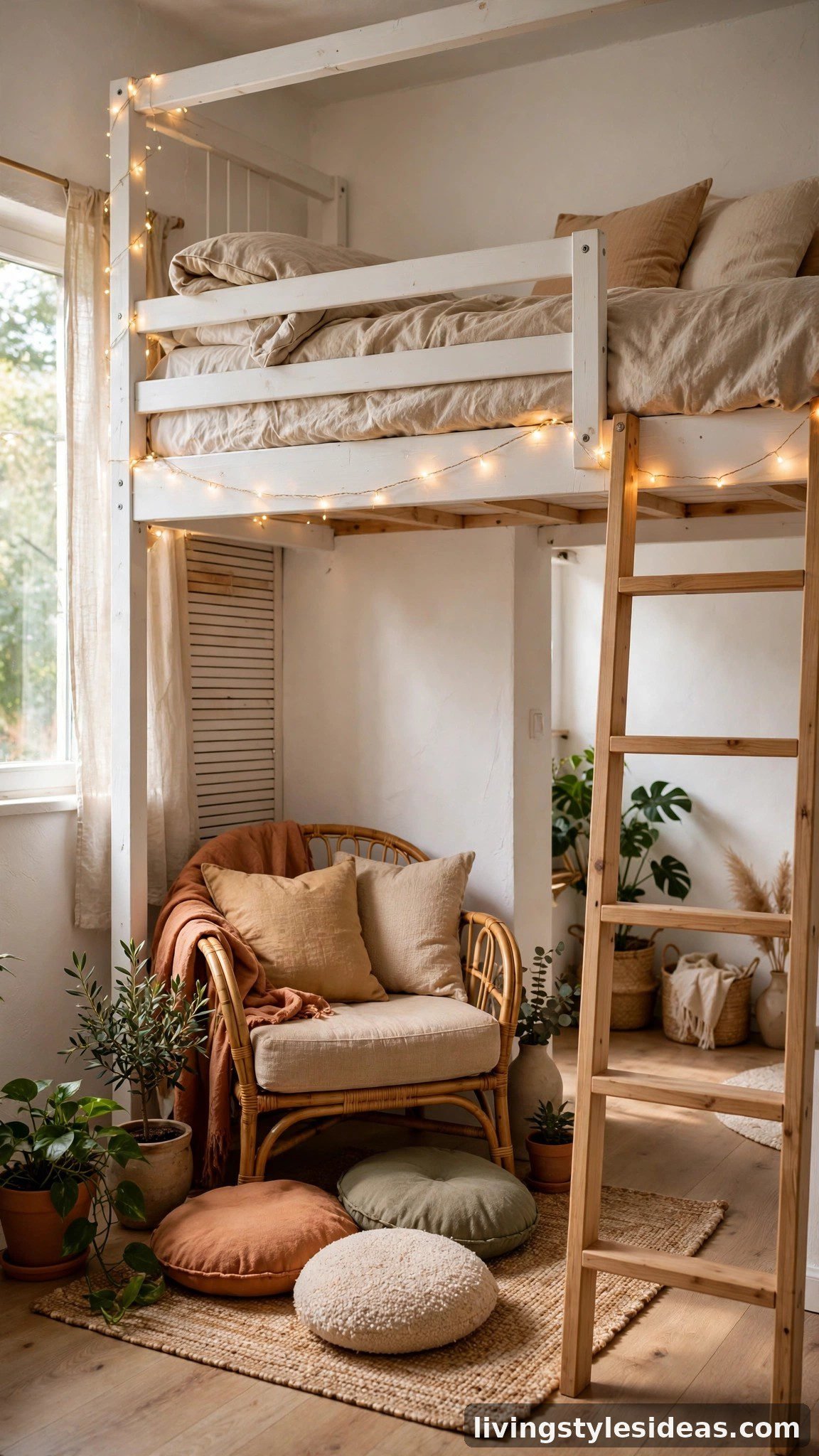 Loft bed with a cozy living nook and fairy lights underneath in a small studio