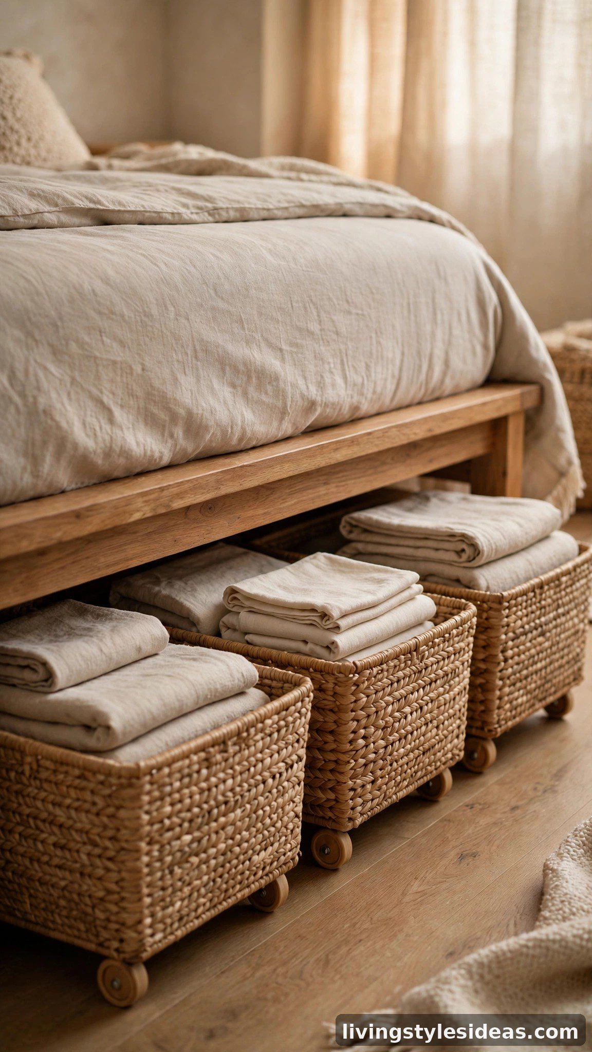 Woven rolling bins sliding under a bed for hidden studio storage