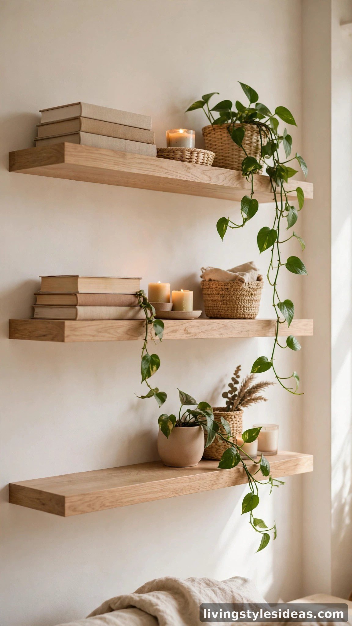 Floating open shelves styled with books, plants and baskets in a cozy studio