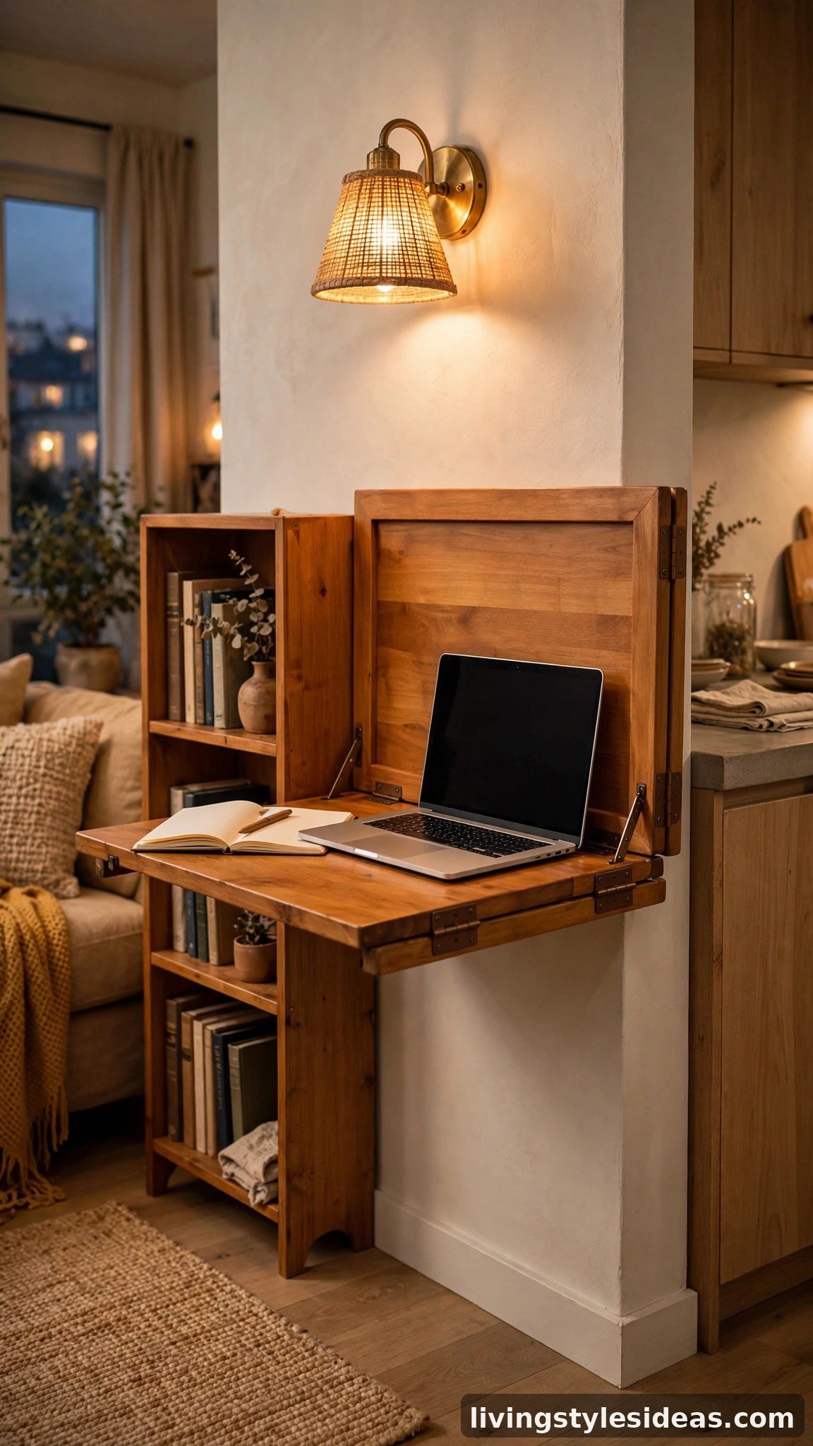 Wall-mounted fold-down desk closed into a wooden panel in a studio apartment