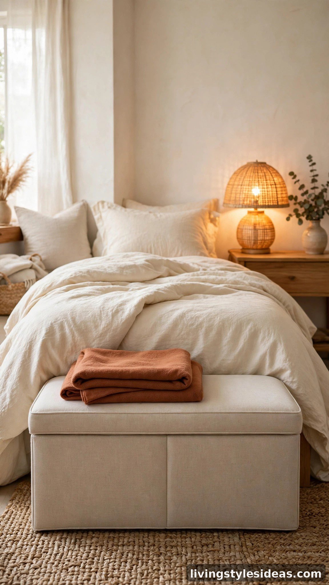 Upholstered storage bench with throw blanket at the foot of a studio bed