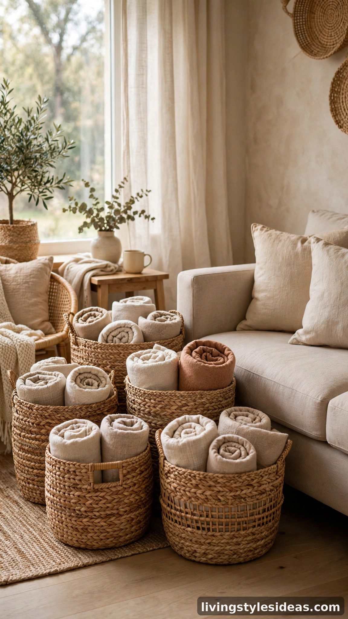 Woven seagrass baskets holding blankets beside a cozy studio sofa