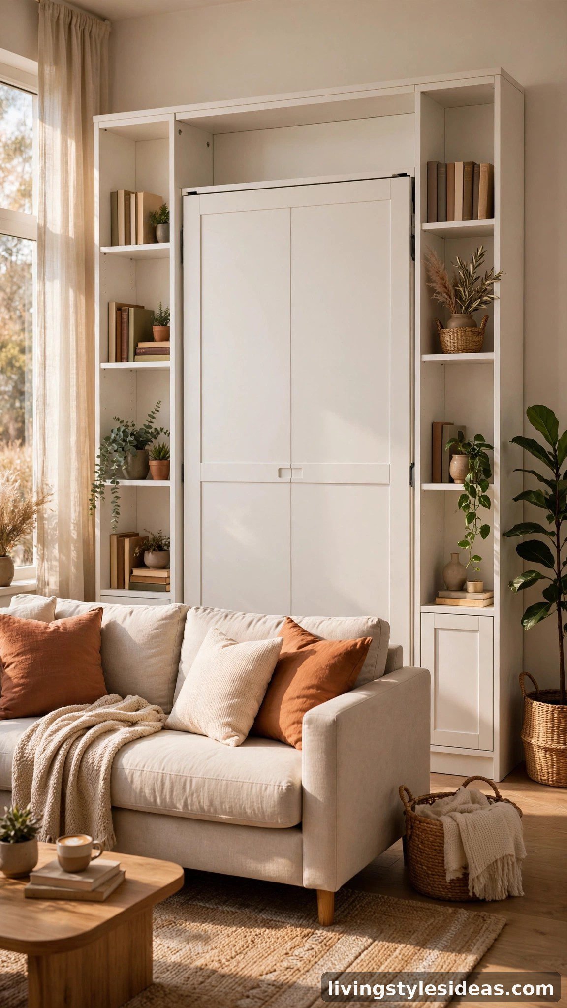 Folded-up Murphy bed with side shelving turning a studio bedroom into a living room
