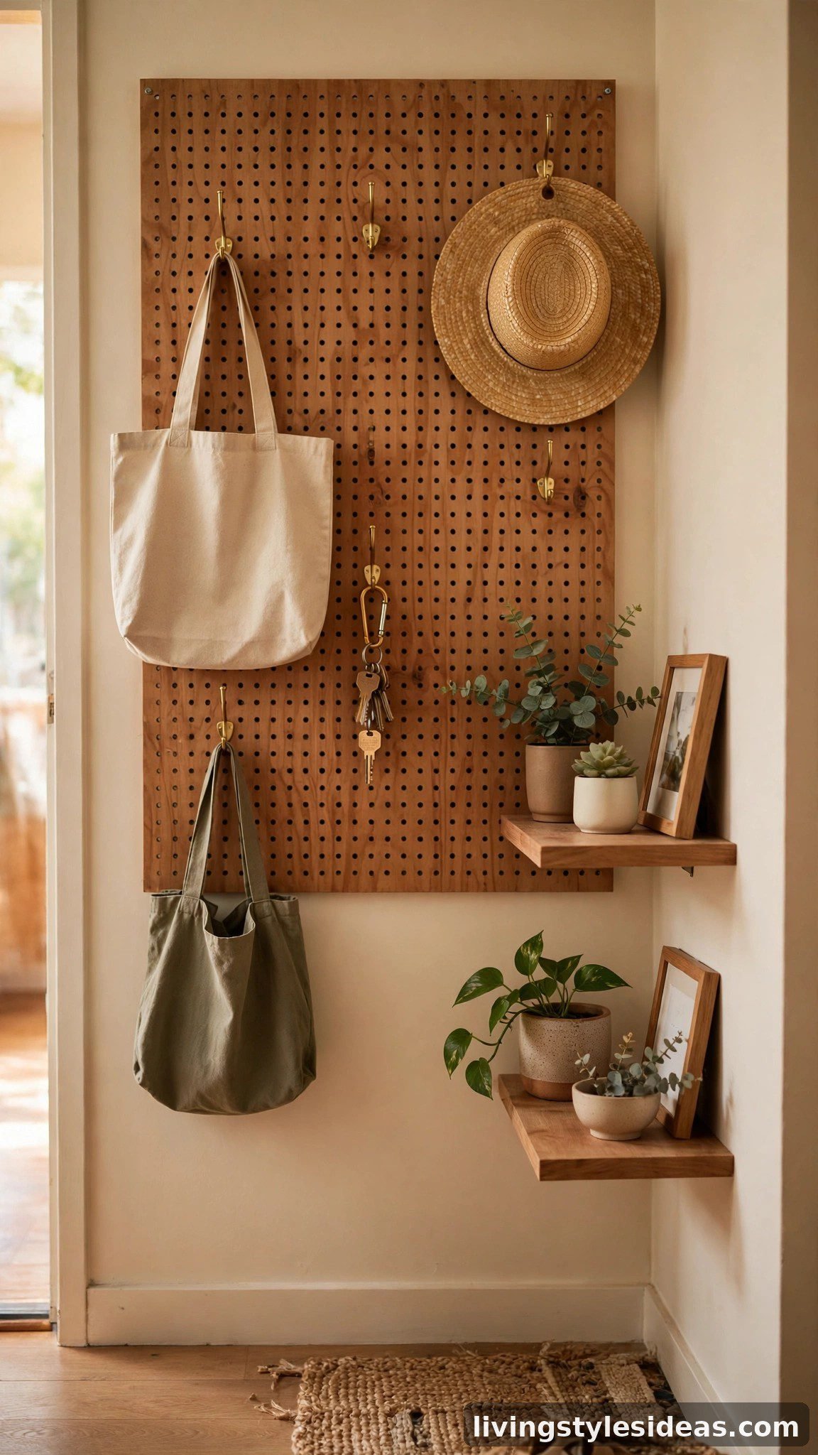Wooden pegboard wall organizing bags, keys and plants in a cozy studio entryway