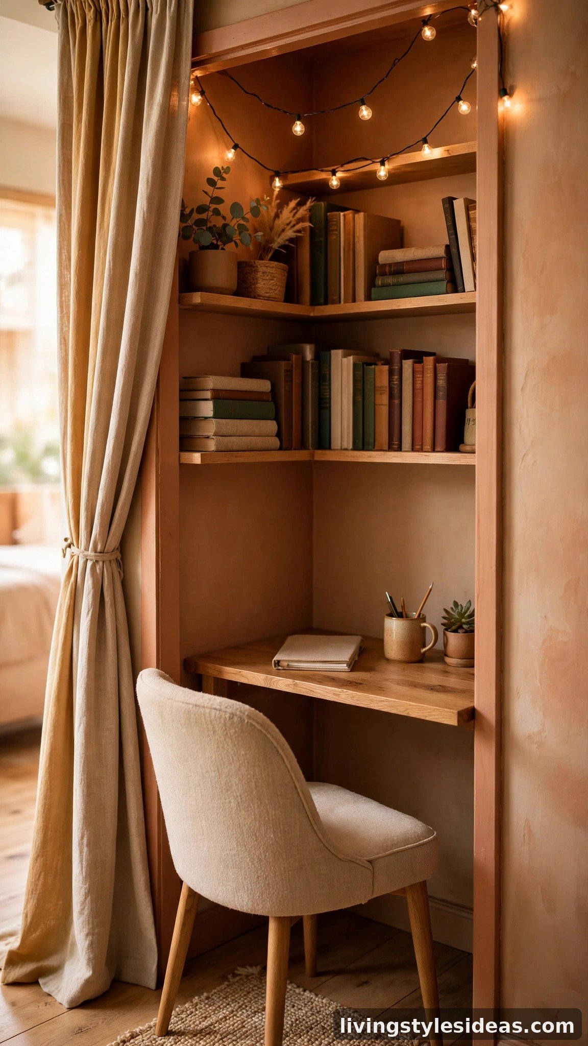 Closet nook converted into a cozy mini office with warm lighting in a studio