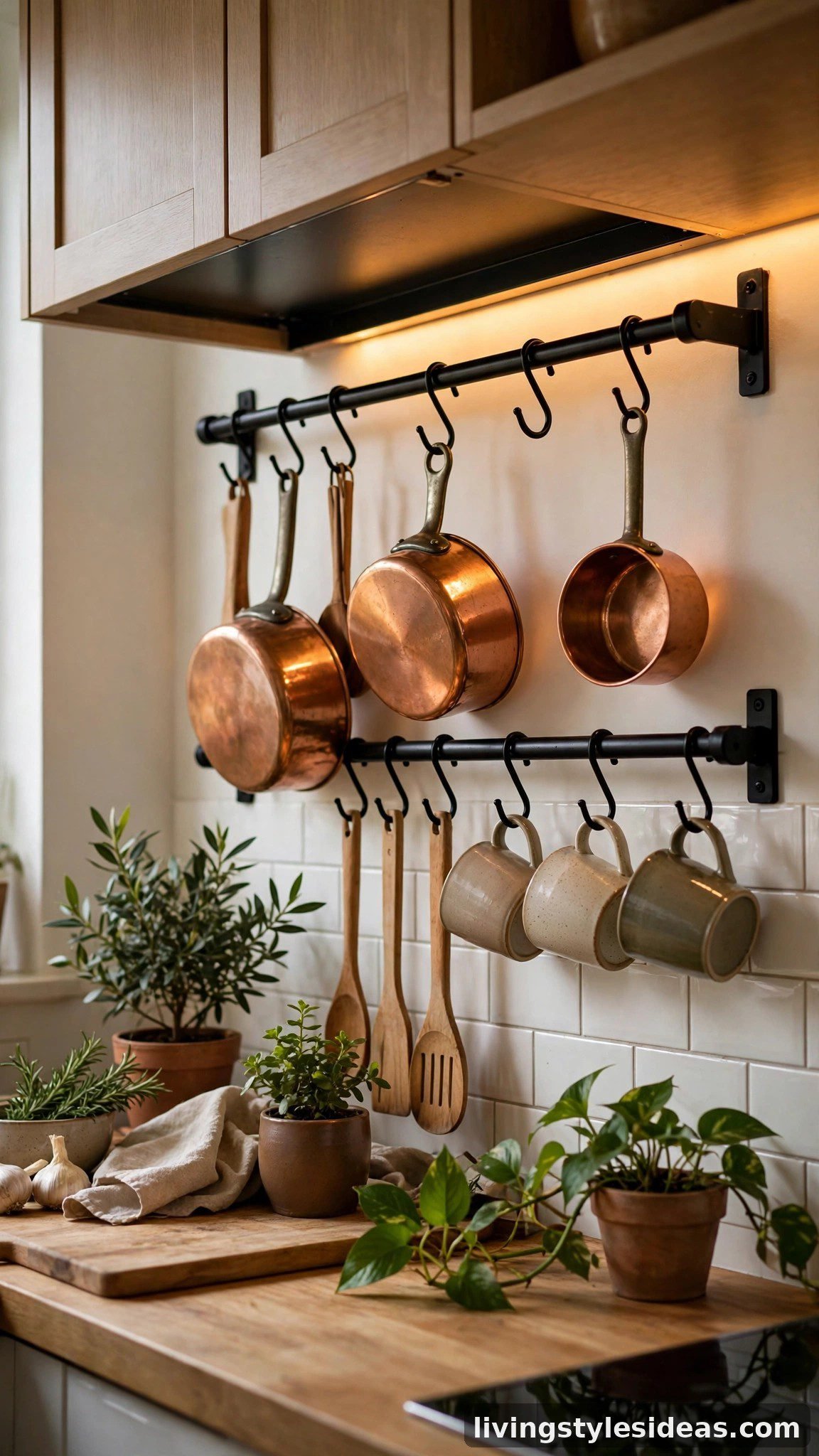 Wall-mounted hanging rail with pots and utensils in a cozy studio kitchen