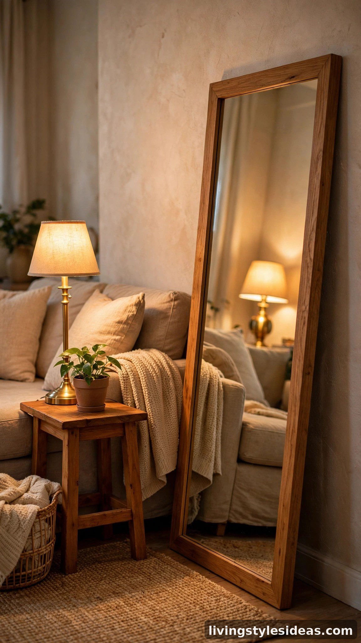Large leaning mirror bouncing warm light in a cozy studio apartment corner