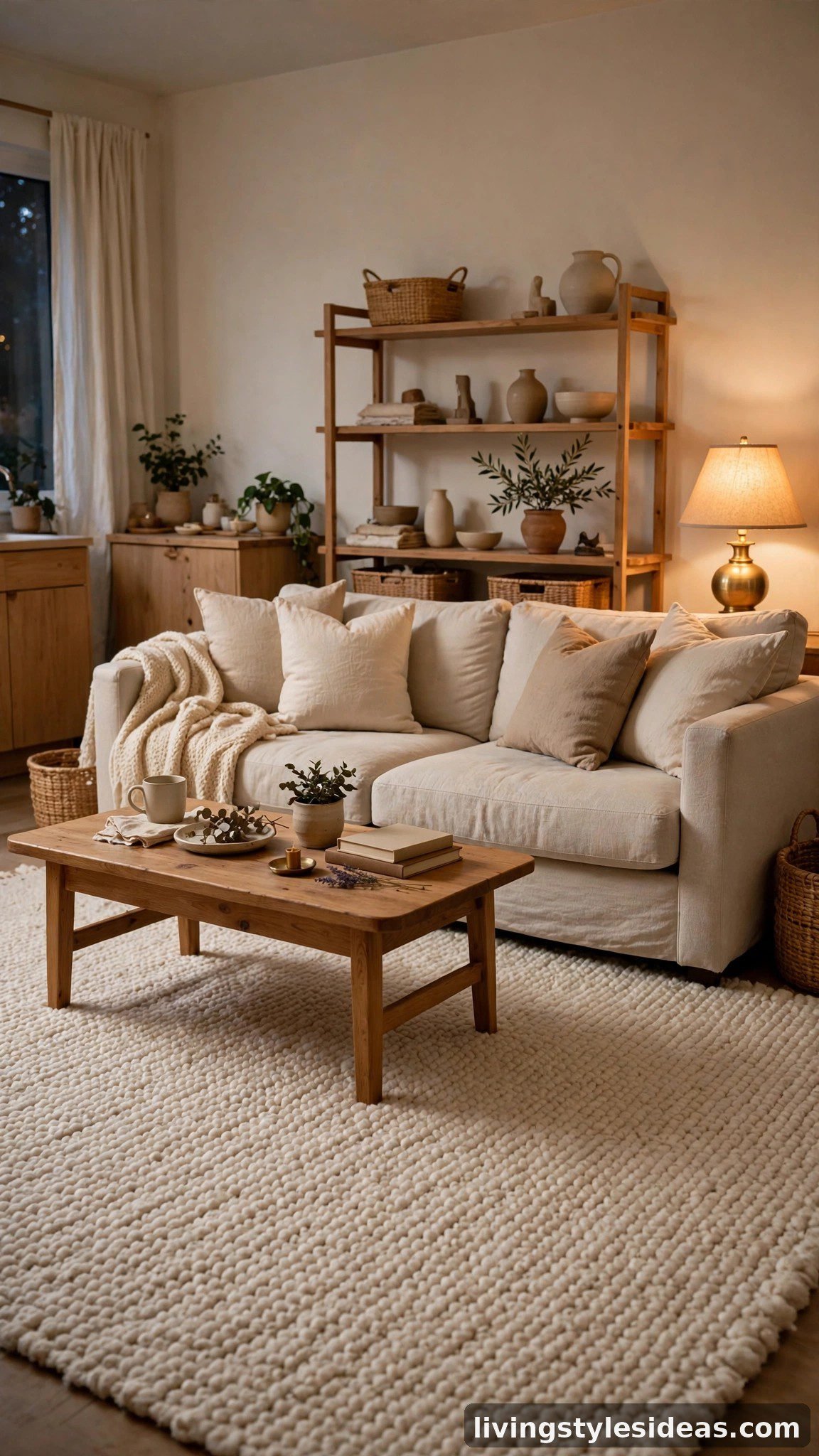 Oversized cream rug anchoring a cozy studio apartment living zone