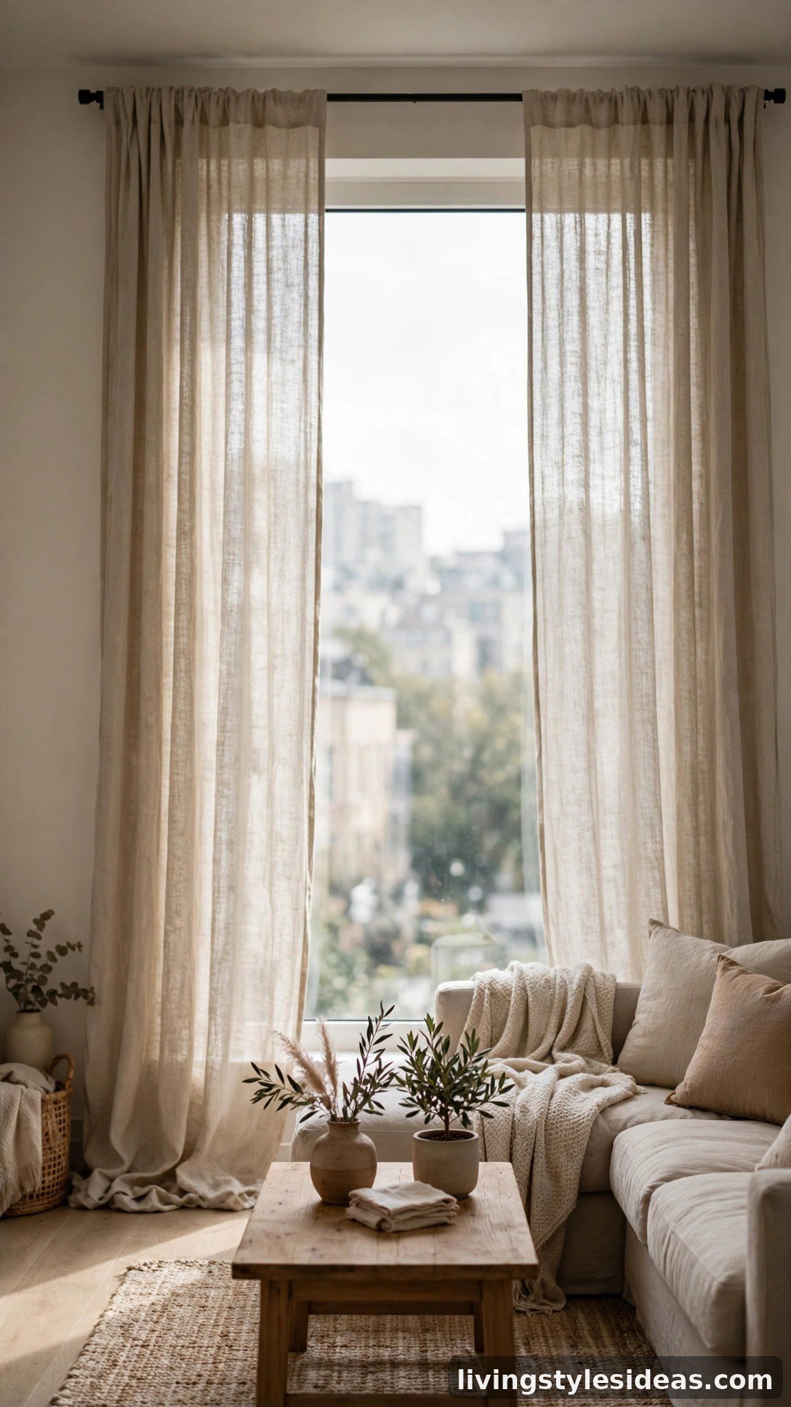 Floor-to-ceiling linen curtains hung high in a cozy studio apartment