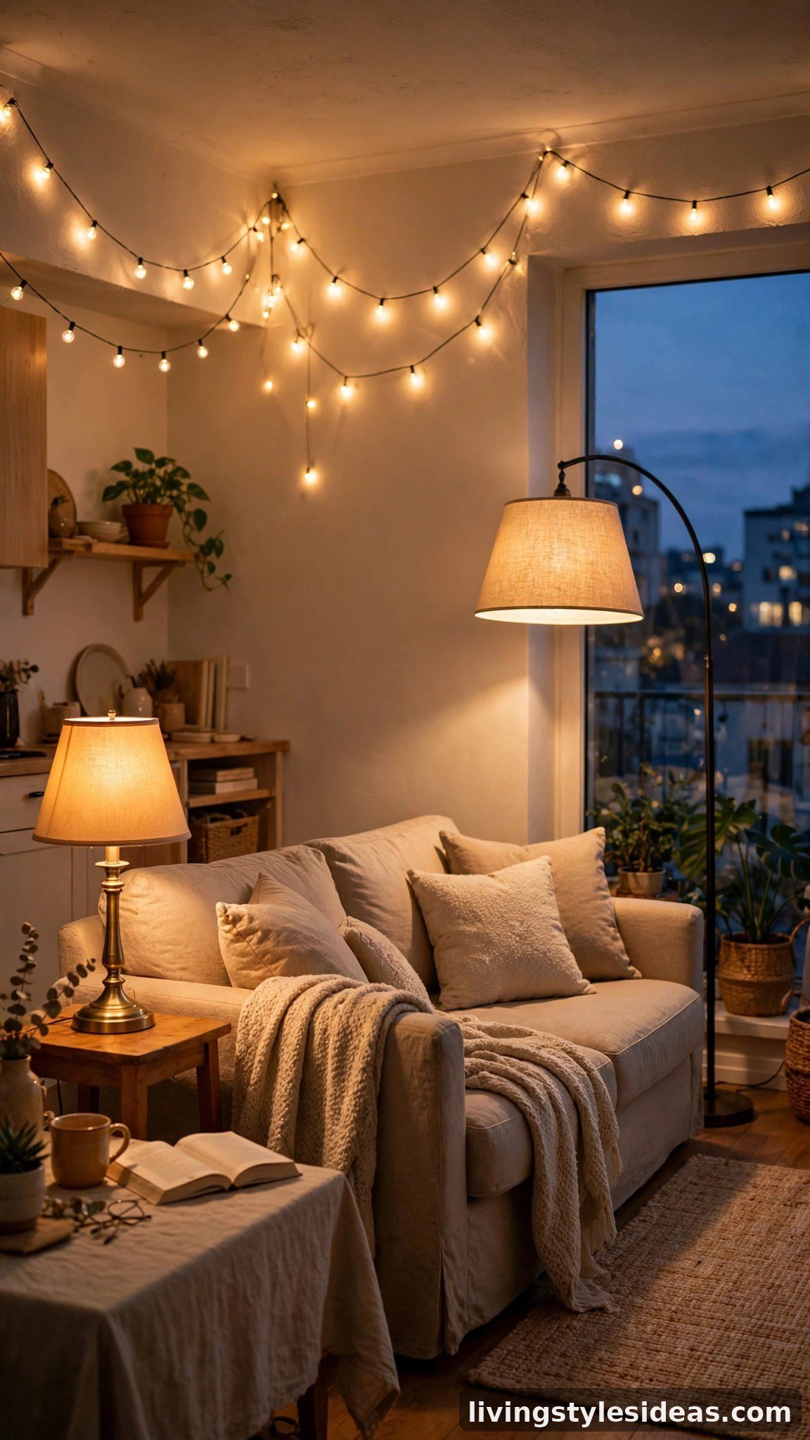 Layered warm lighting glowing in a cozy studio apartment at dusk