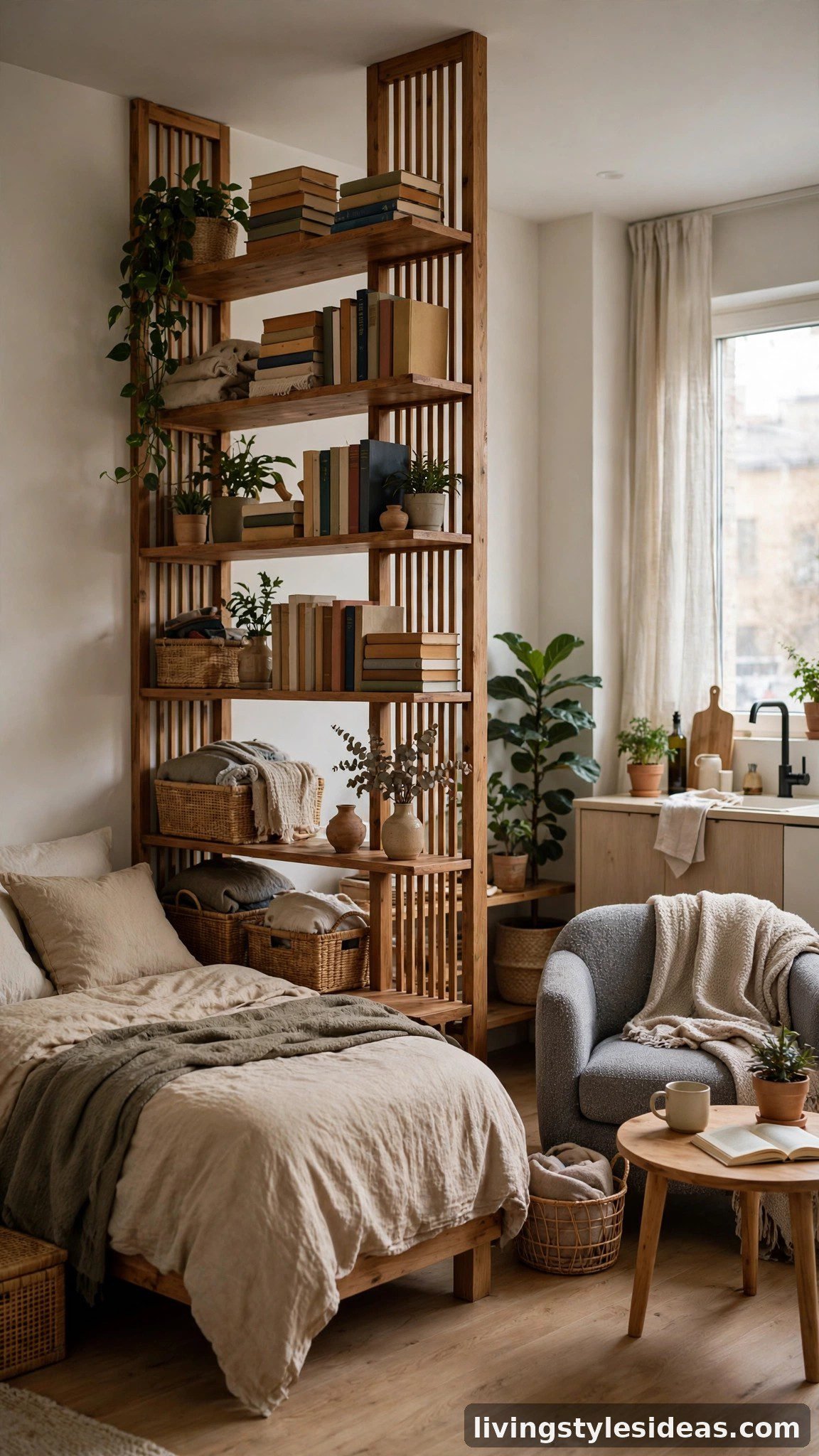 Open bookshelf room divider separating zones in a studio apartment