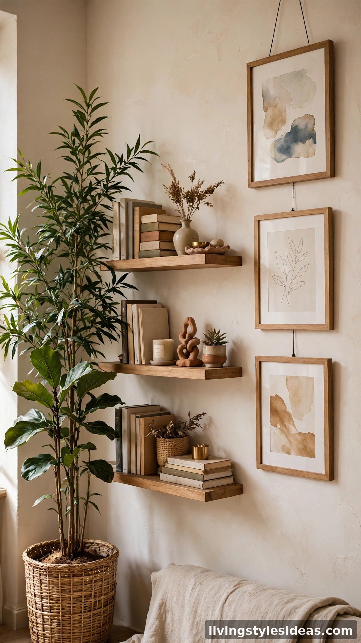 Vertical wall styling with shelves and tall plant in a studio apartment