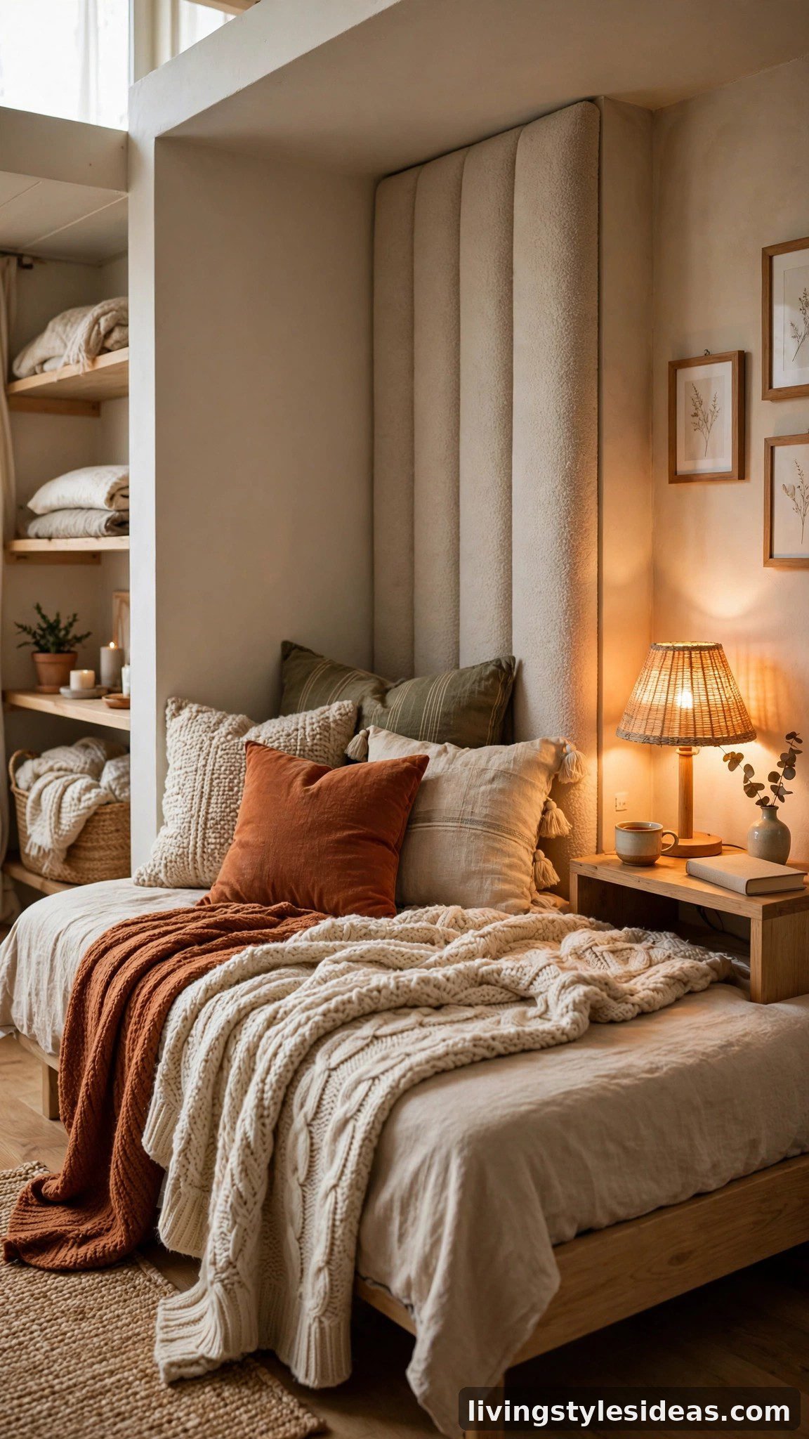 Studio apartment bed styled as a cozy daybed nook with layered pillows