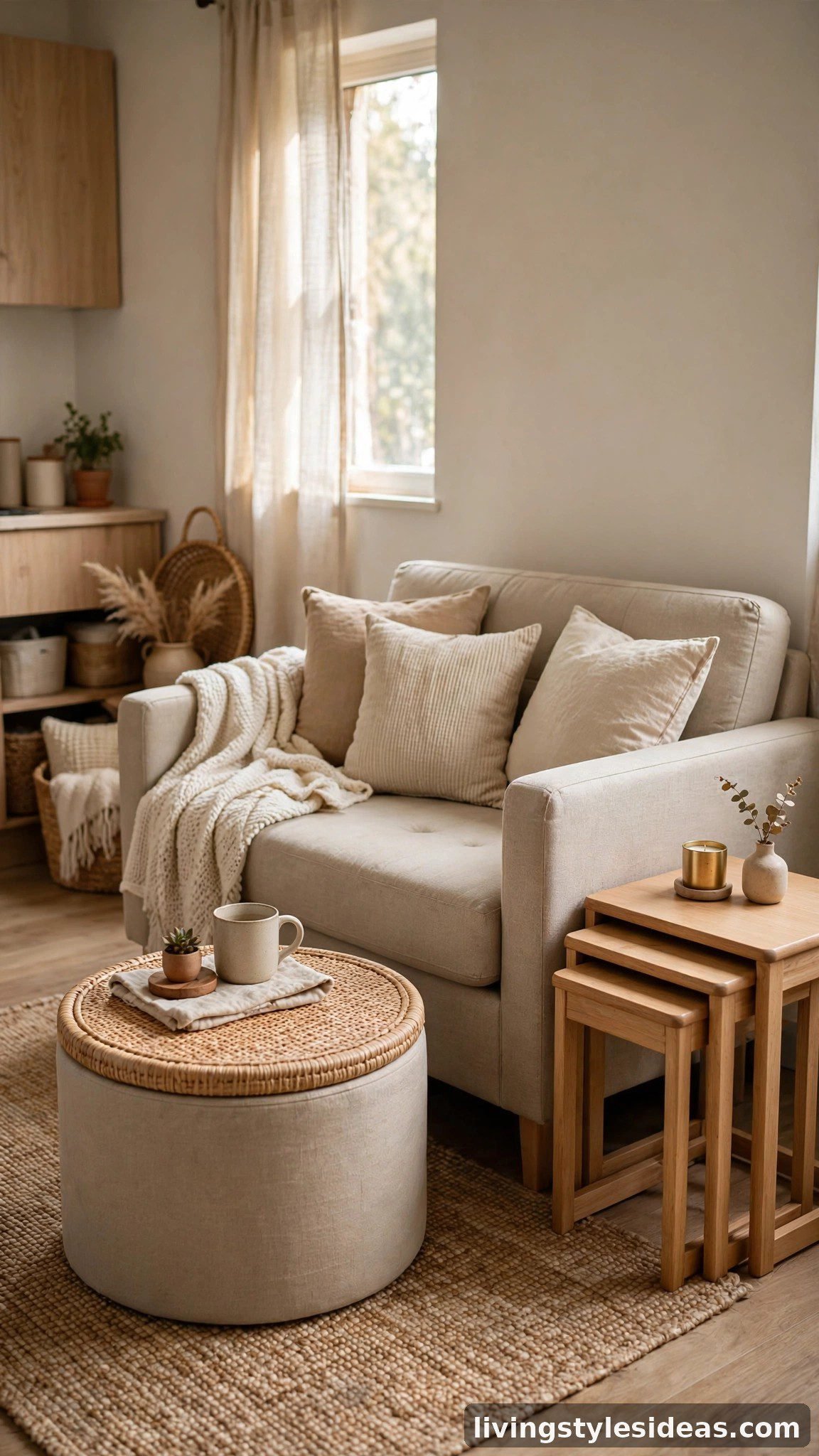 Double-duty storage furniture in a cozy small studio living area