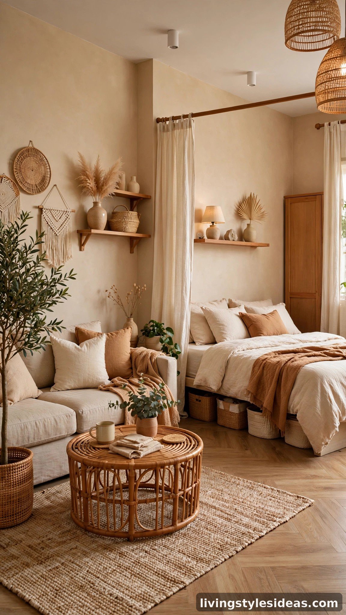 Cohesive warm beige palette flowing through a cozy studio apartment