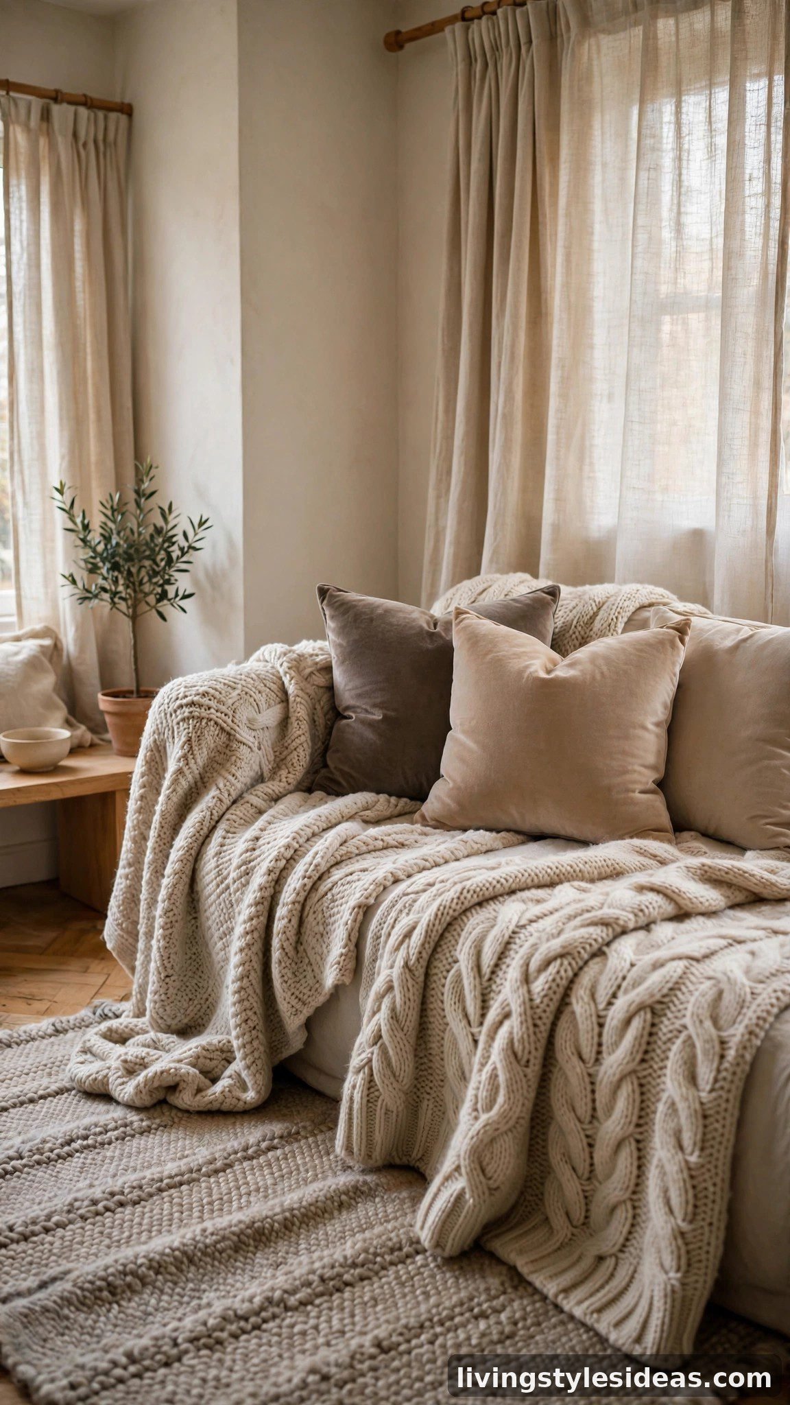 Layered cozy textures — knits, velvet and linen — in a studio apartment