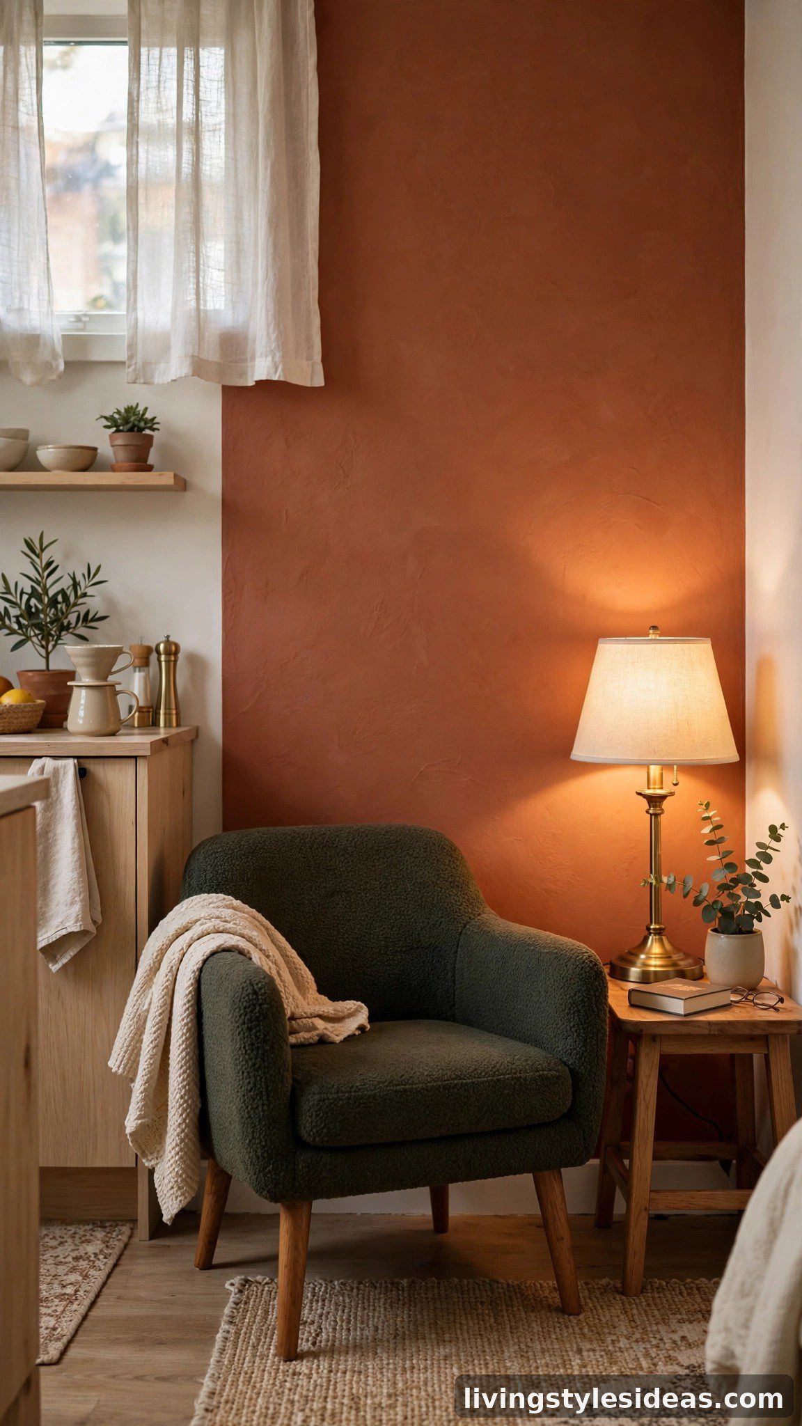 Terracotta micro accent wall behind a reading chair in a studio apartment