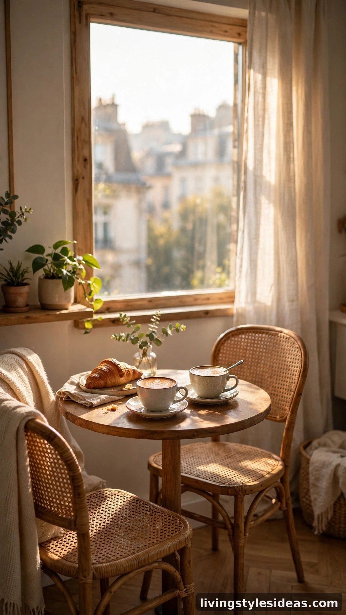 Cozy coffee corner with bistro table by a bright studio apartment window
