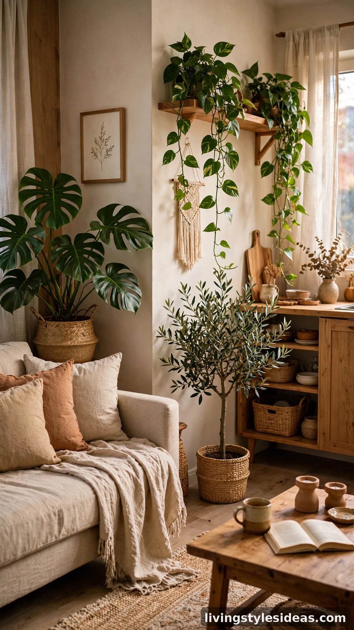 Lush indoor plants adding life to cozy studio apartment corners