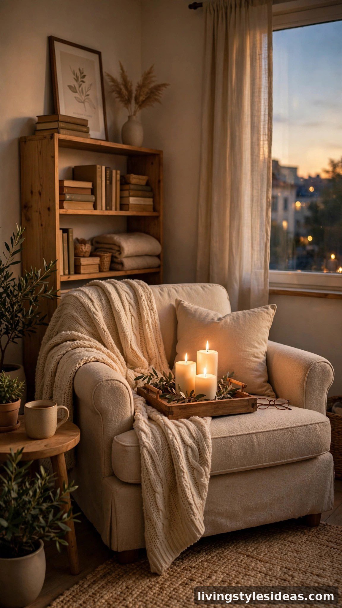 Candles glowing in a cozy studio apartment reading nook at evening
