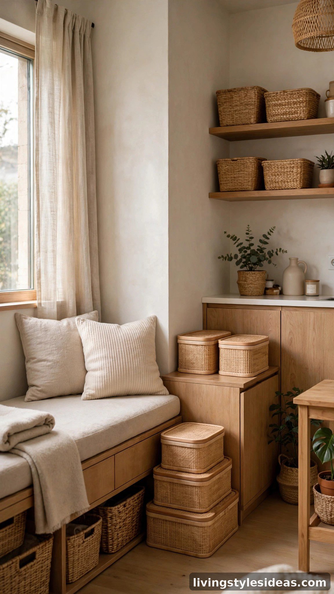 Beautiful hidden storage baskets keeping a studio apartment clutter-free