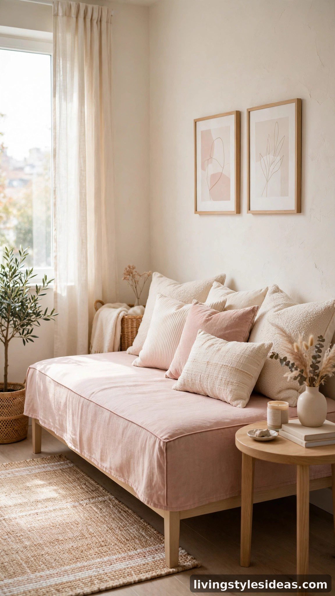 Daybed dressed with blush pink bedding and pillows styled as a sofa in a cute studio apartment