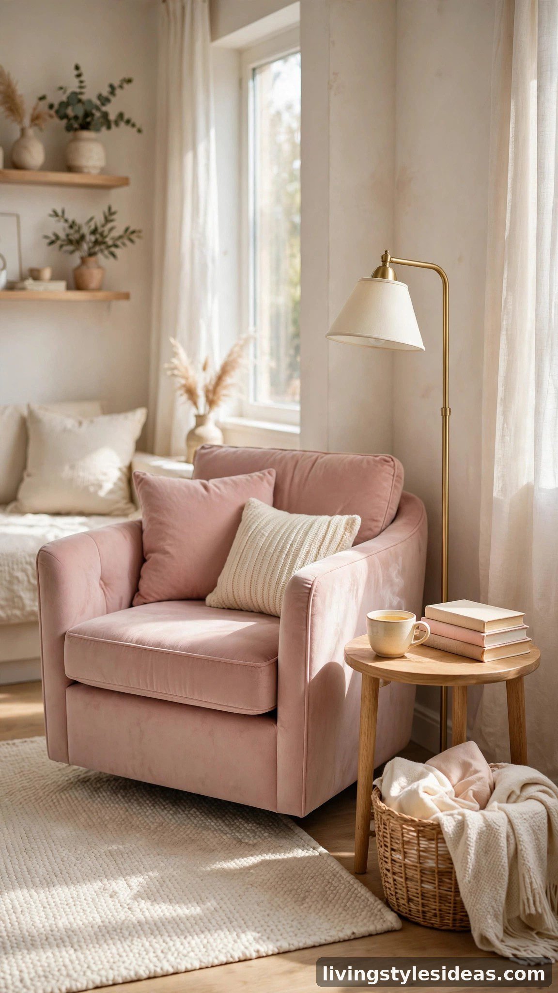 Blush pink velvet armchair reading nook with floor lamp and books in a cute studio