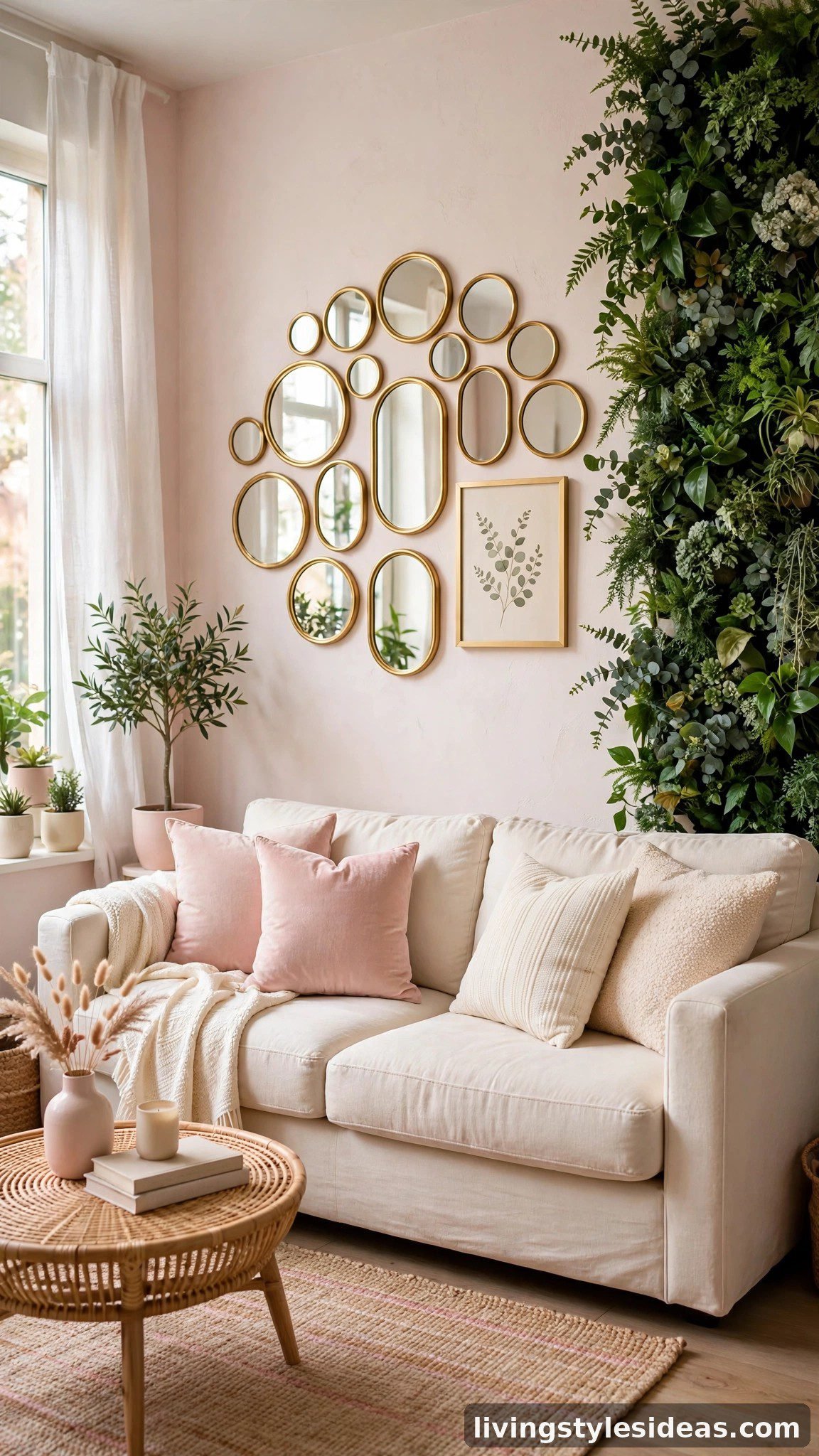 Gallery wall of small gold-framed mirrors above a sofa in a cute studio apartment