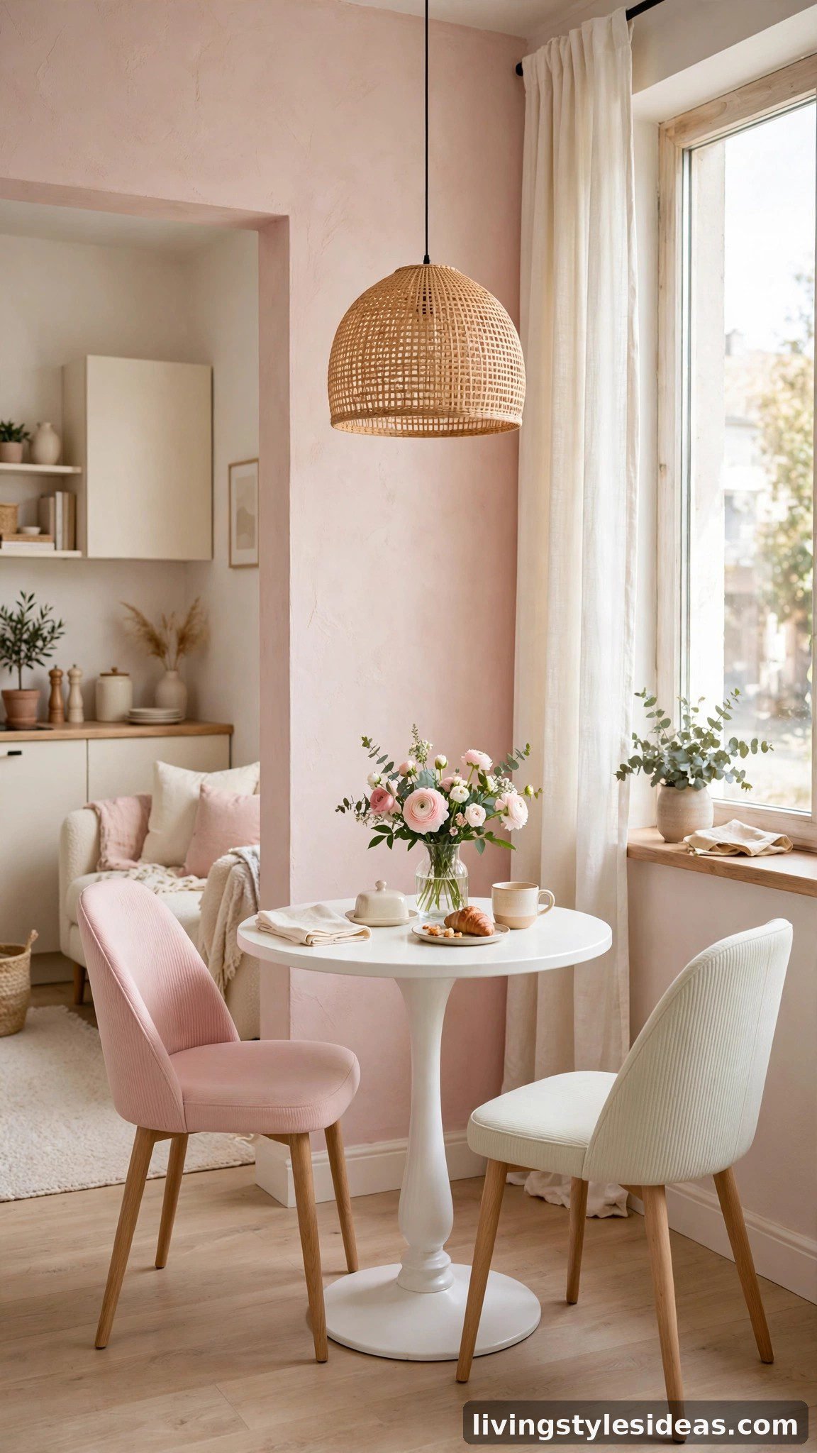 Tiny bistro breakfast nook with round white cafe table and pastel chairs in a studio