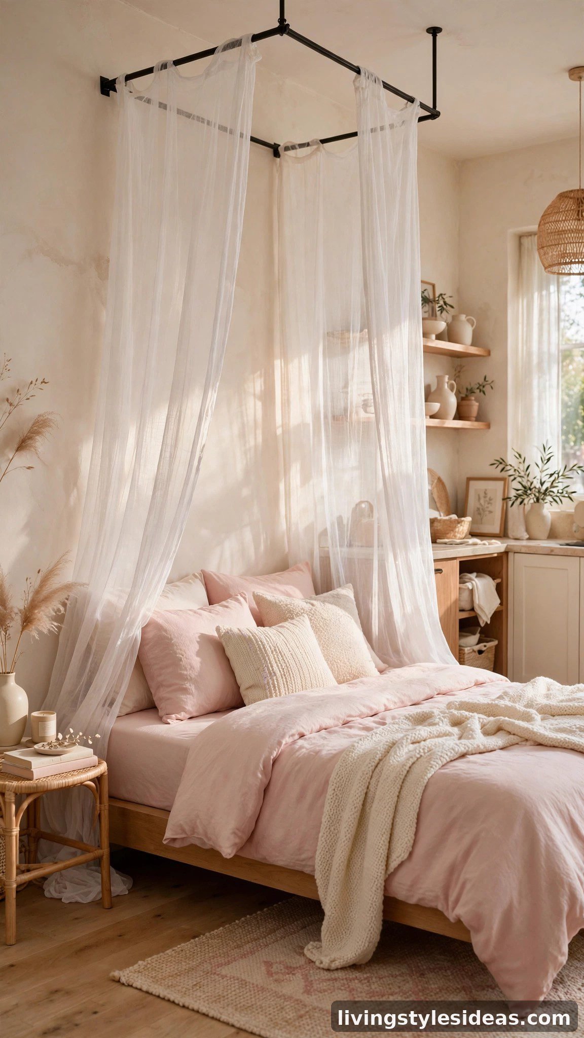 Bed draped with sheer white canopy curtains in a cute studio apartment